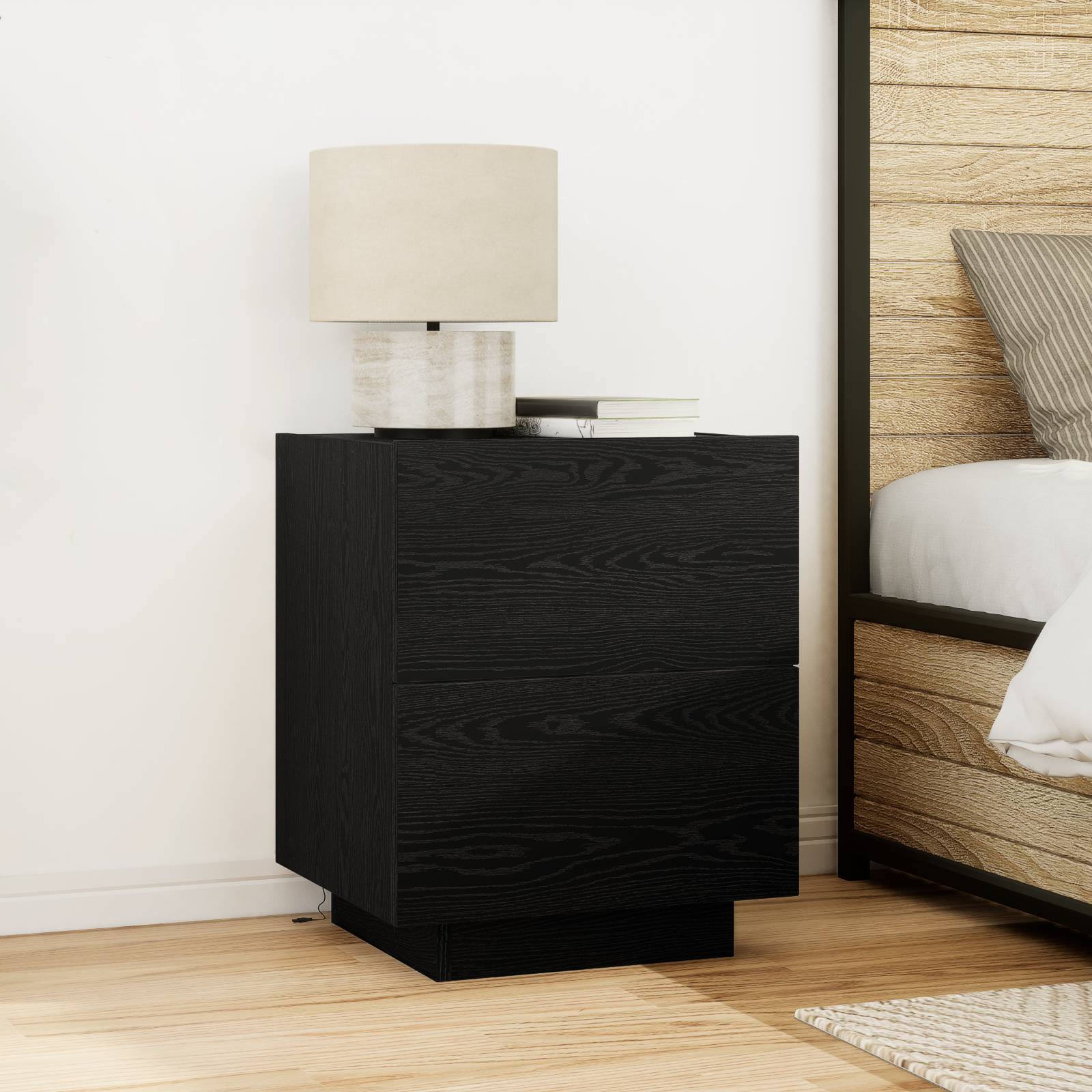 vidaXL Nachttisch mit LED-Leuchten Schwarz Eiche 45x40x55 cm