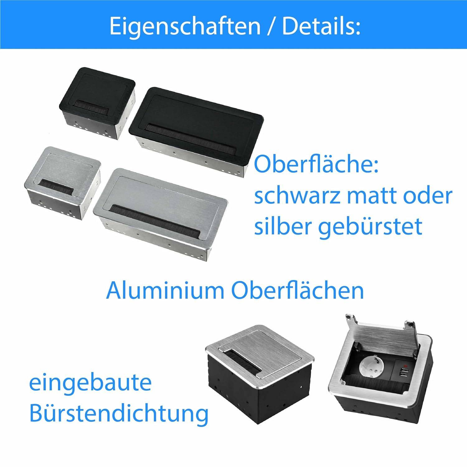 Einbausteckdose Tischsteckdose Bodensteckdose Fußbodensteckdose Wand Steckdose 3er + Internet Silber