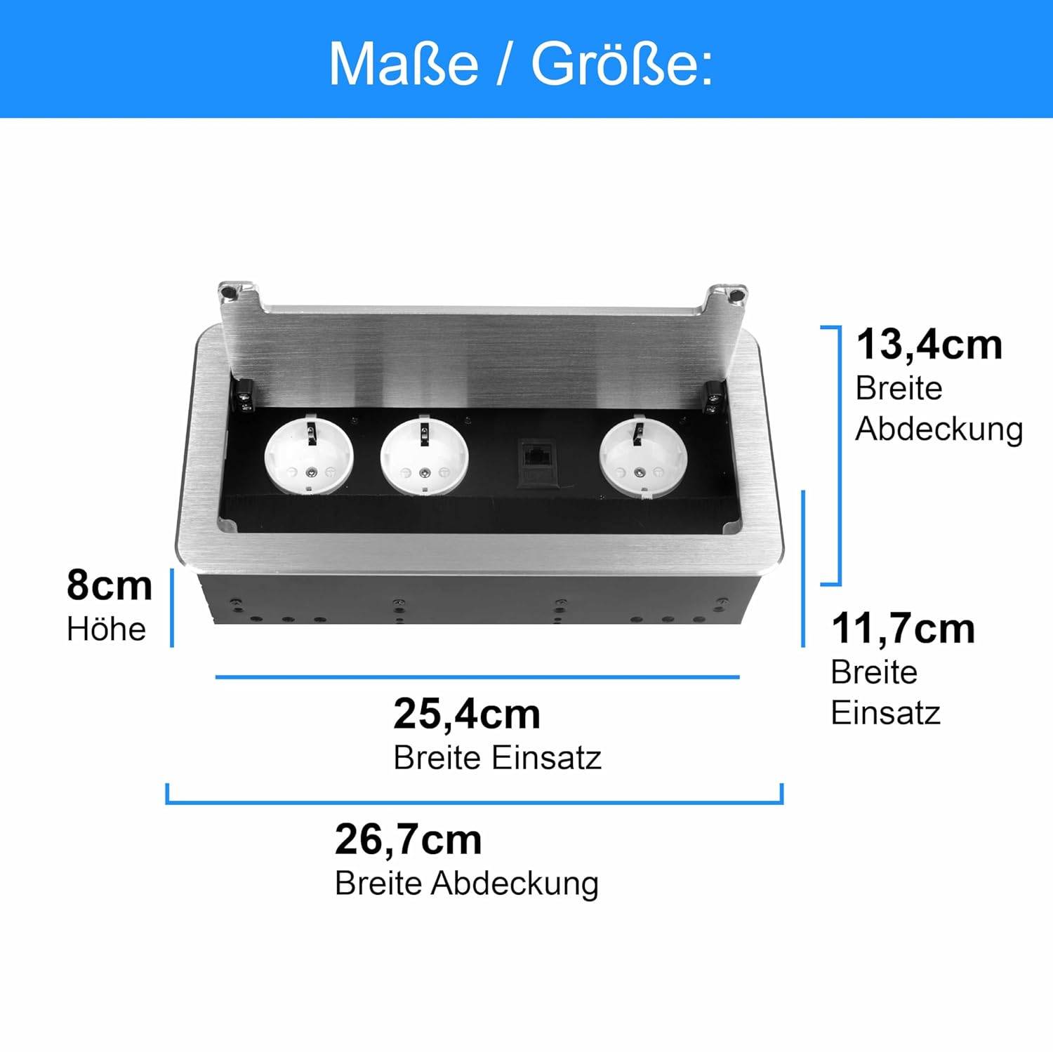 Einbausteckdose Tischsteckdose Bodensteckdose Fußbodensteckdose Wand Steckdose 3er + Internet Silber