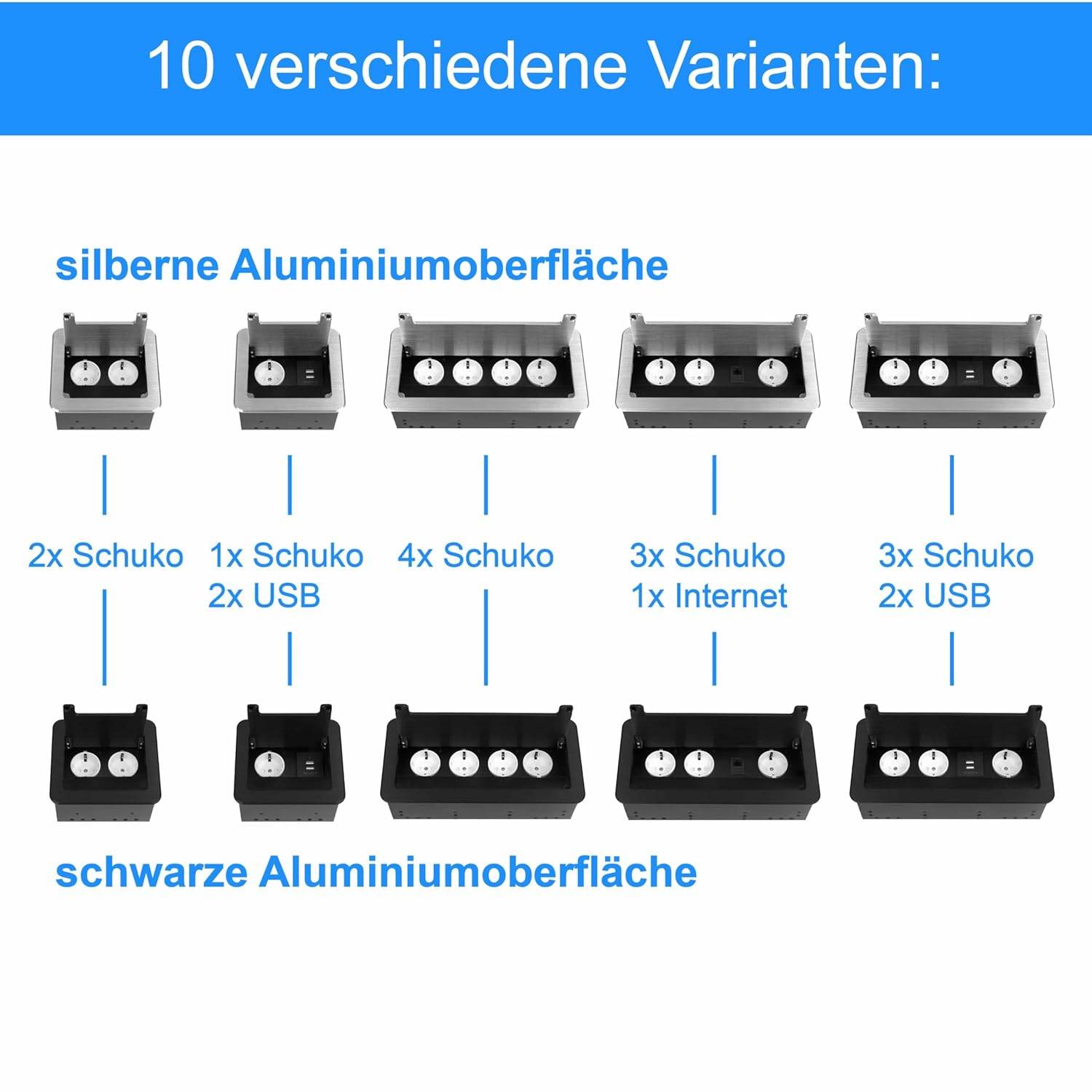 Einbausteckdose Tischsteckdose Bodensteckdose Fußbodensteckdose Wand Steckdose 3er + Internet Silber