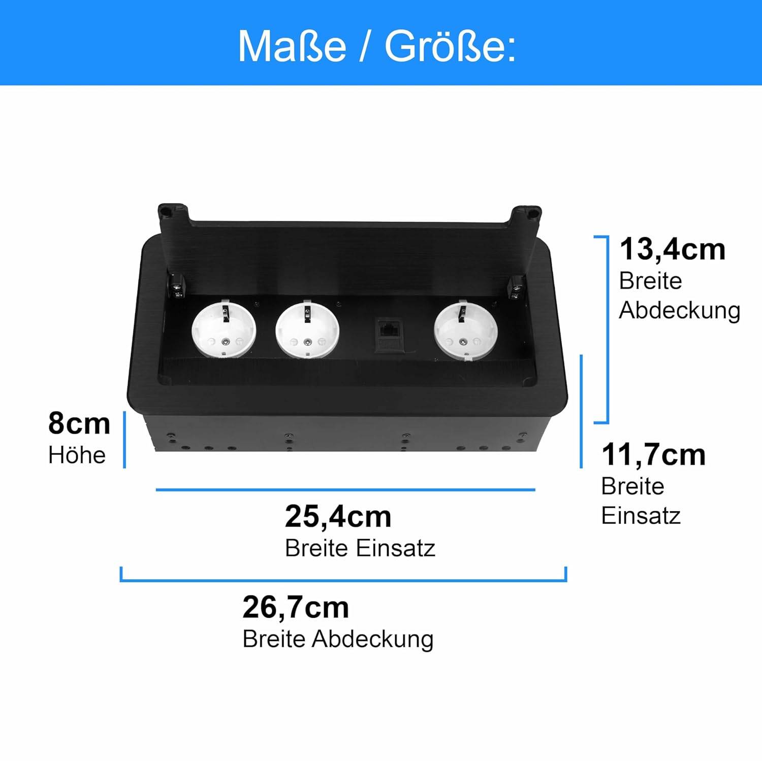 Einbausteckdose Tischsteckdose Bodensteckdose Fußbodensteckdose Wand Steckdose 3er + Internet Schwarz