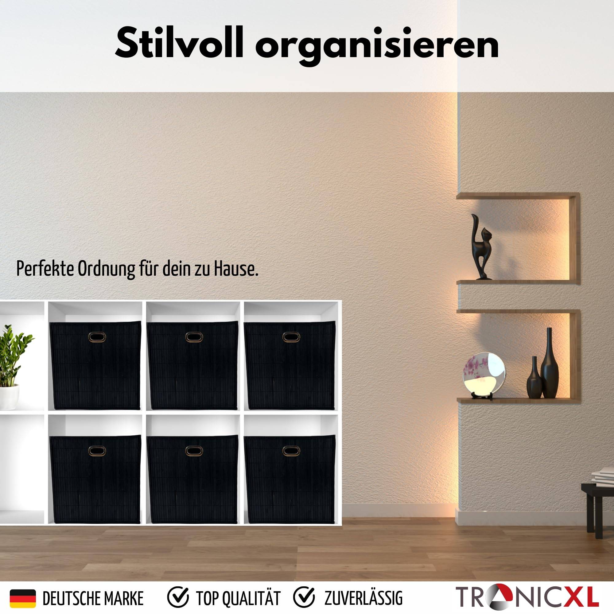 4x Premium Faltbox für Regal Vliess-Stoff + Bambus 31x31x31cm Aufbewahrungswürfel Aufbewahrungsbox Schwarz