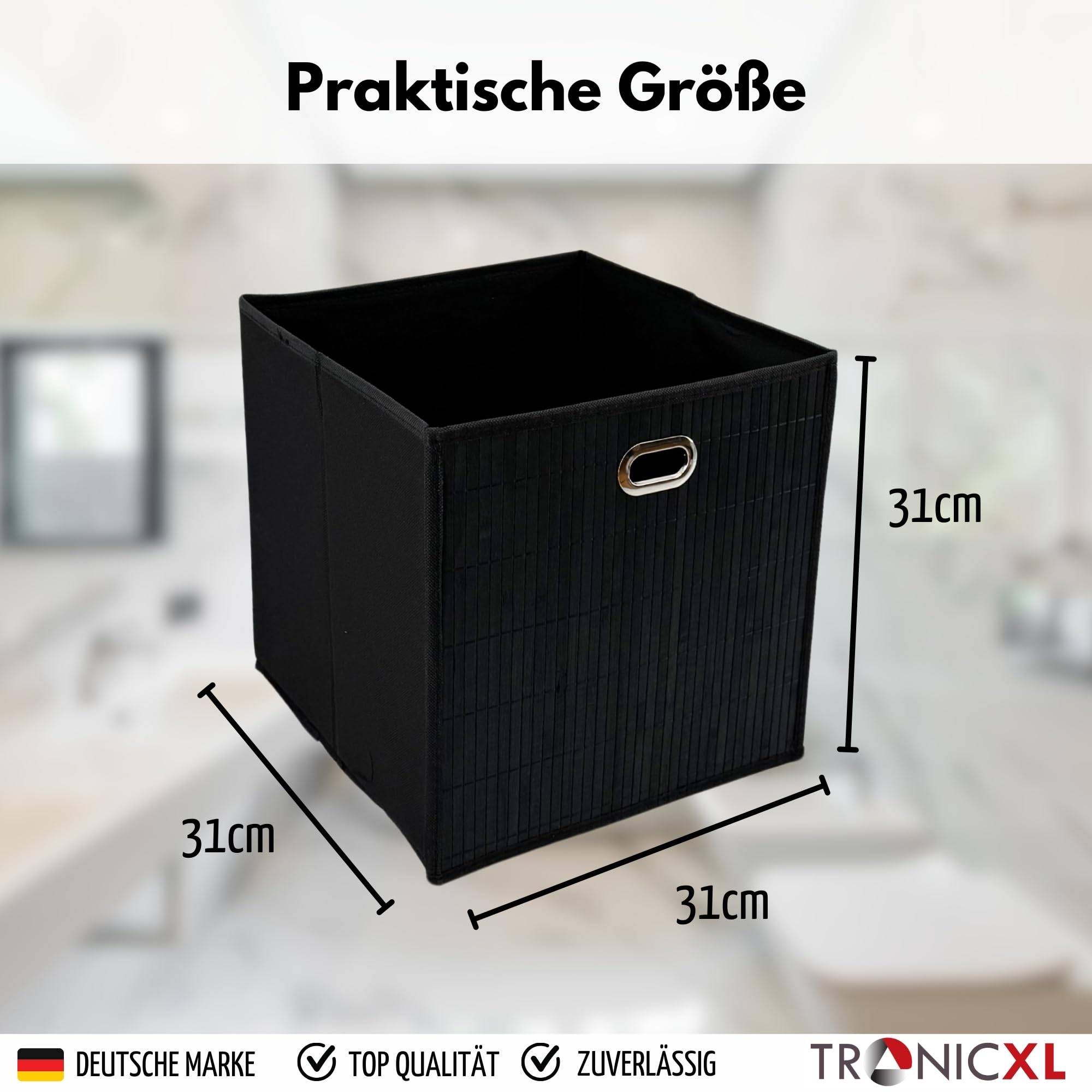 4x Premium Faltbox für Regal Vliess-Stoff + Bambus 31x31x31cm Aufbewahrungswürfel Aufbewahrungsbox Schwarz