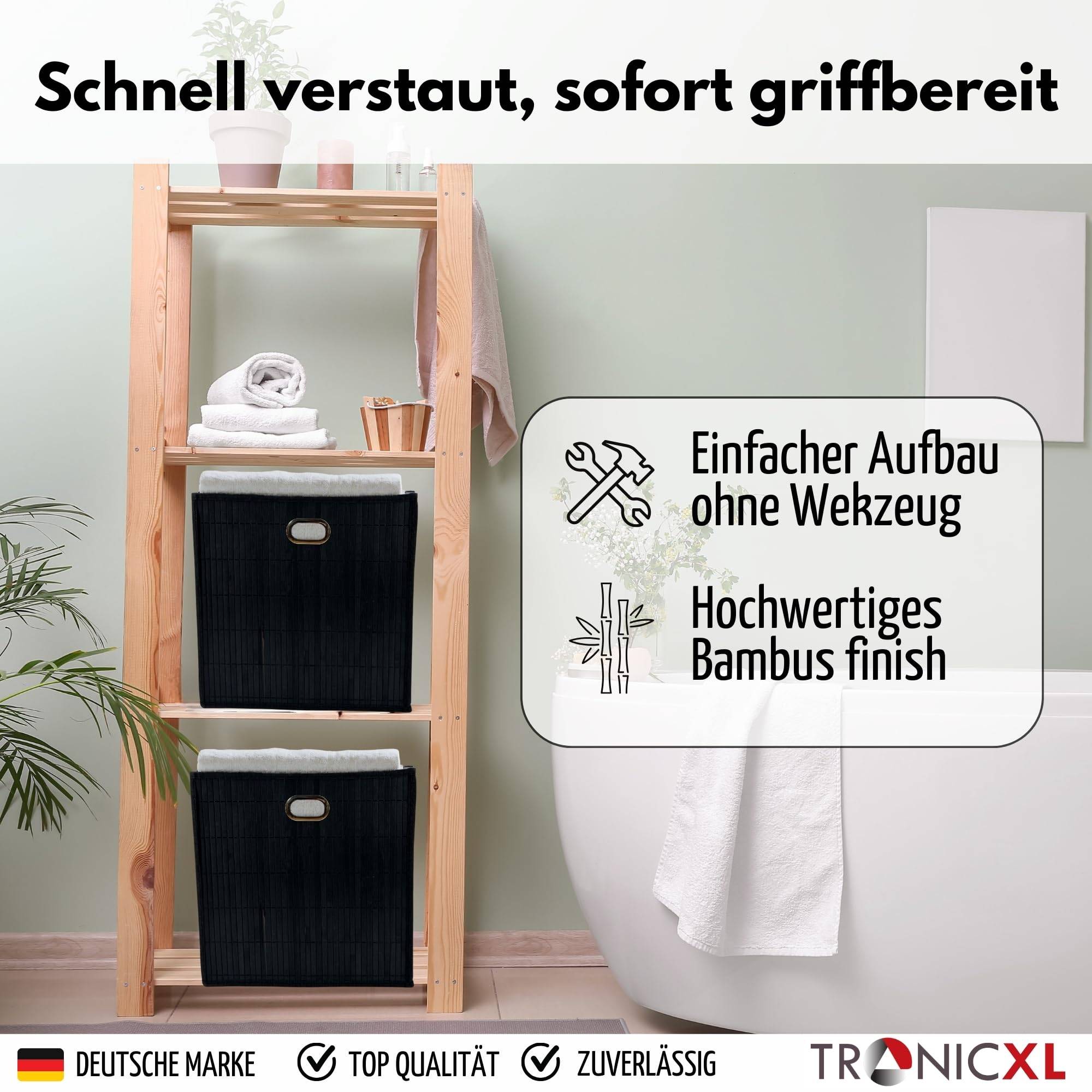 4x Premium Faltbox für Regal Vliess-Stoff + Bambus 31x31x31cm Aufbewahrungswürfel Aufbewahrungsbox Schwarz