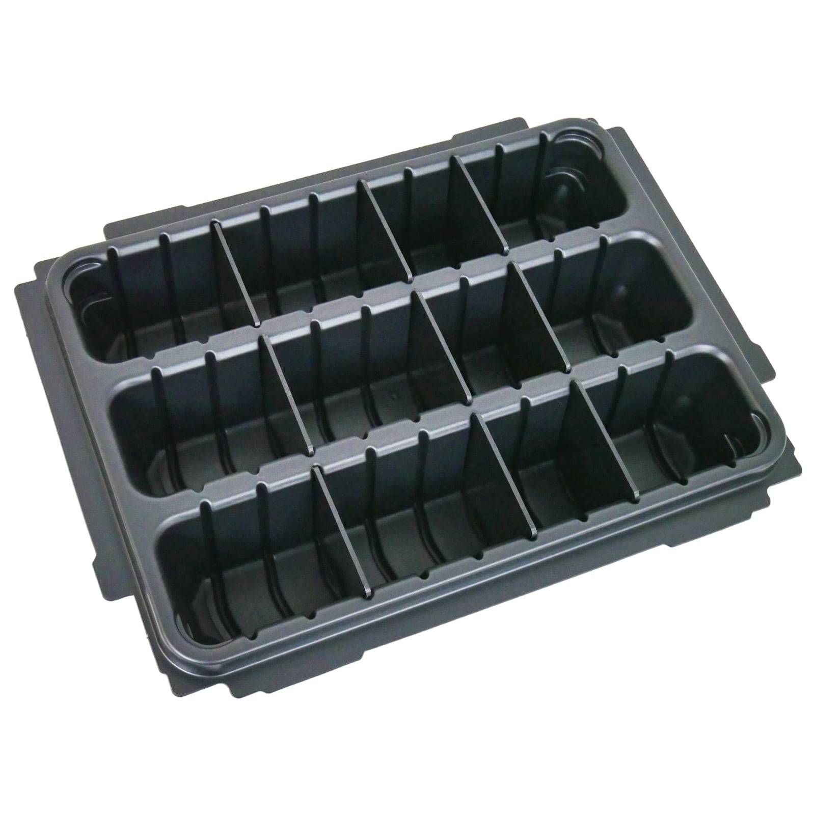 Schwarze Kunststoff-Aufbewahrungsschale mit mehreren Fächern zum Organisieren von Werkzeugen oder Kleinteilen.