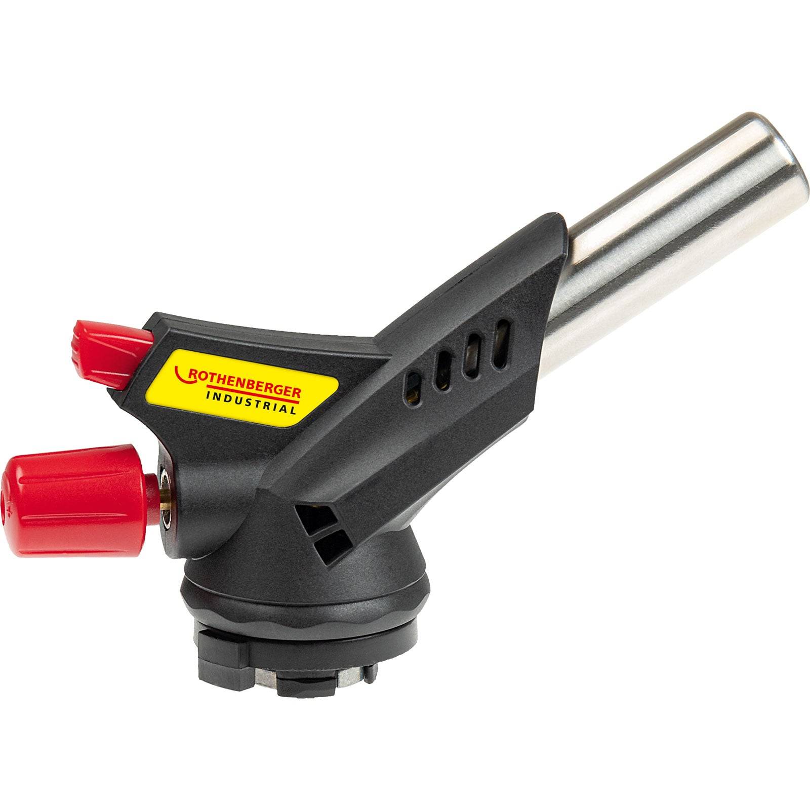 Lötlampen-Düse mit rotem Zündhebel, gekennzeichnet als 'Rothenberger Industrial', konzipiert für industrielle Heizanwendungen.