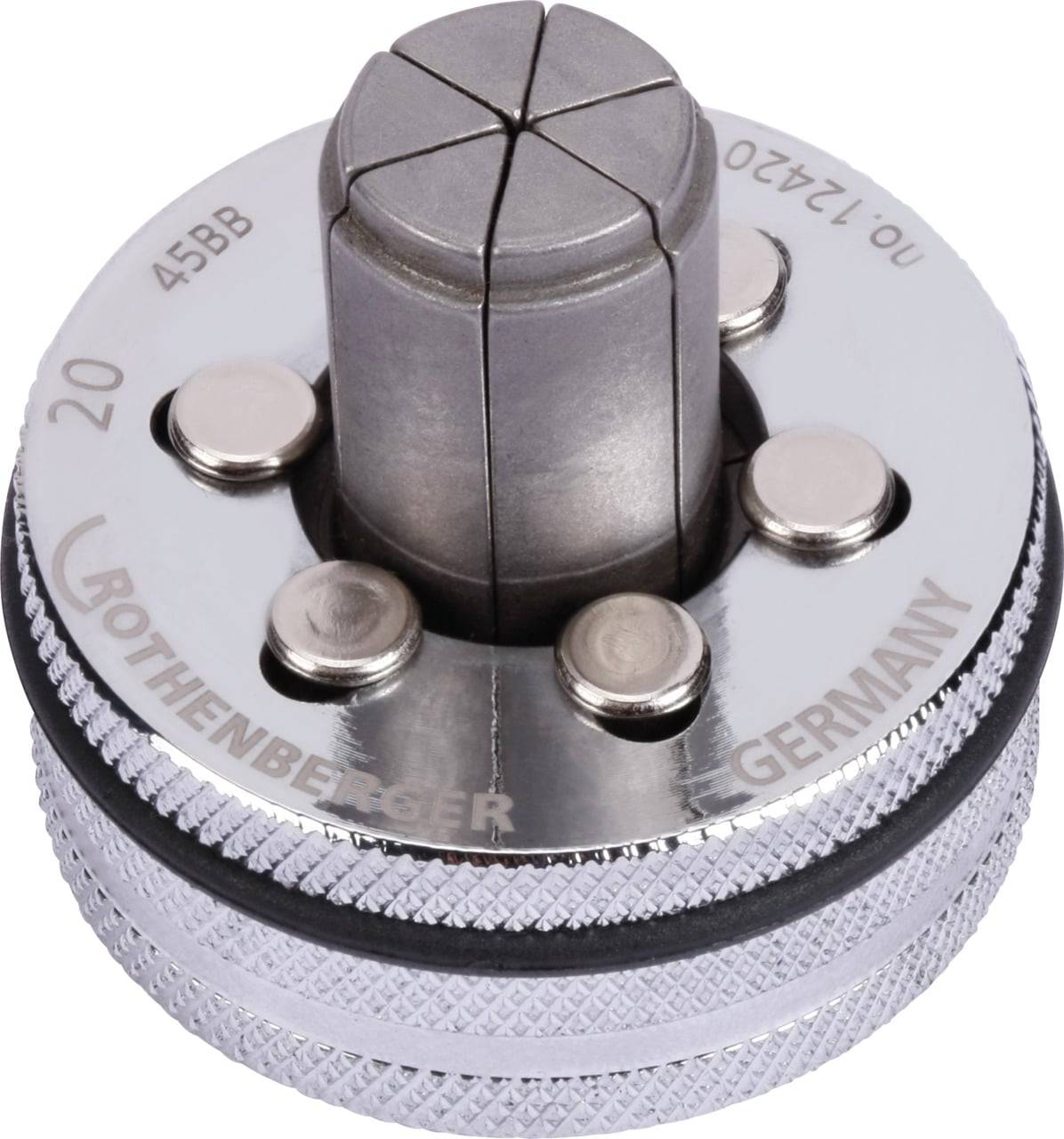 Ein runder Metallrohrschneider mit gerilltem Griff, beschriftet mit 'Rothenberger Deutschland' und Messskalen '20 45BB 01.2400'.