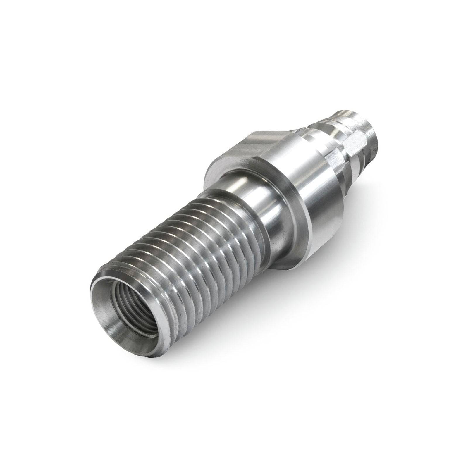 Eine metallische zylindrische Rohrverschraubung mit Gewindeanschlüssen, die das Licht reflektiert. Ideal für industrielle oder sanitäre Anwendungen.