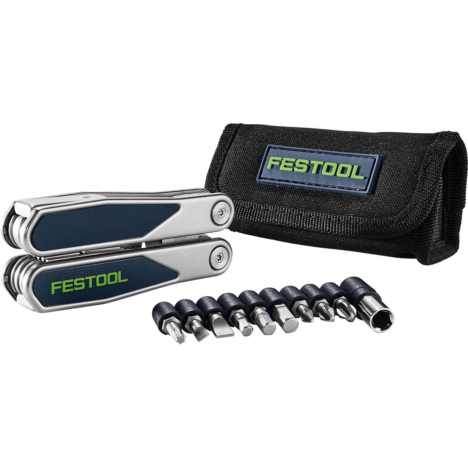 Festool-Multitool-Set mit Tasche und verschiedenen Schraubendreher-Bits, das ein kompaktes und vielseitiges Werkzeug für verschiedene Aufgaben präsentiert.