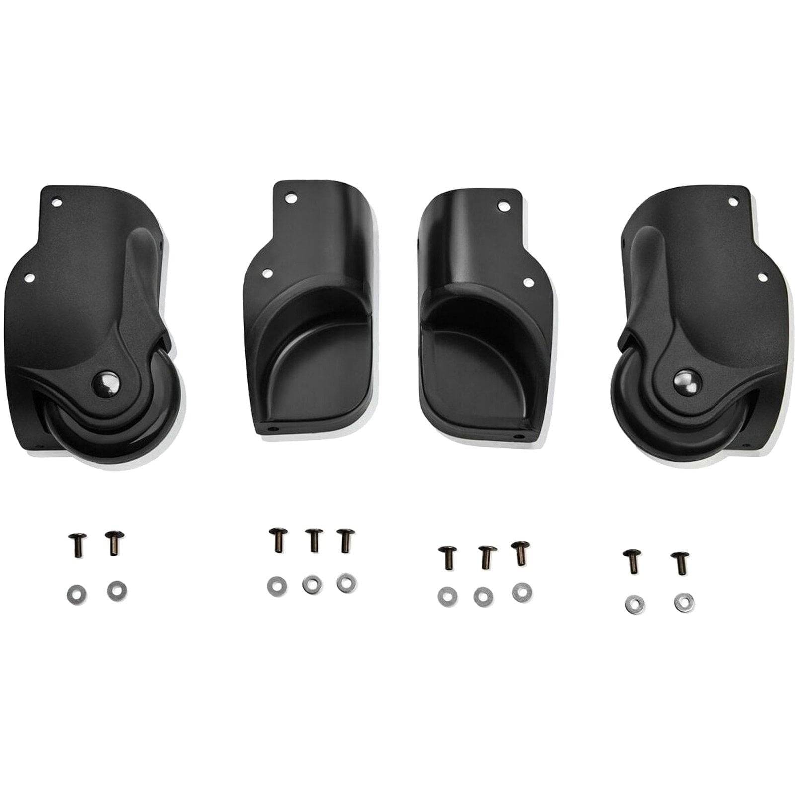 Vier schwarze Verschlussriegel mit Schrauben und Unterlegscheiben, auf einem weißen Hintergrund angeordnet.