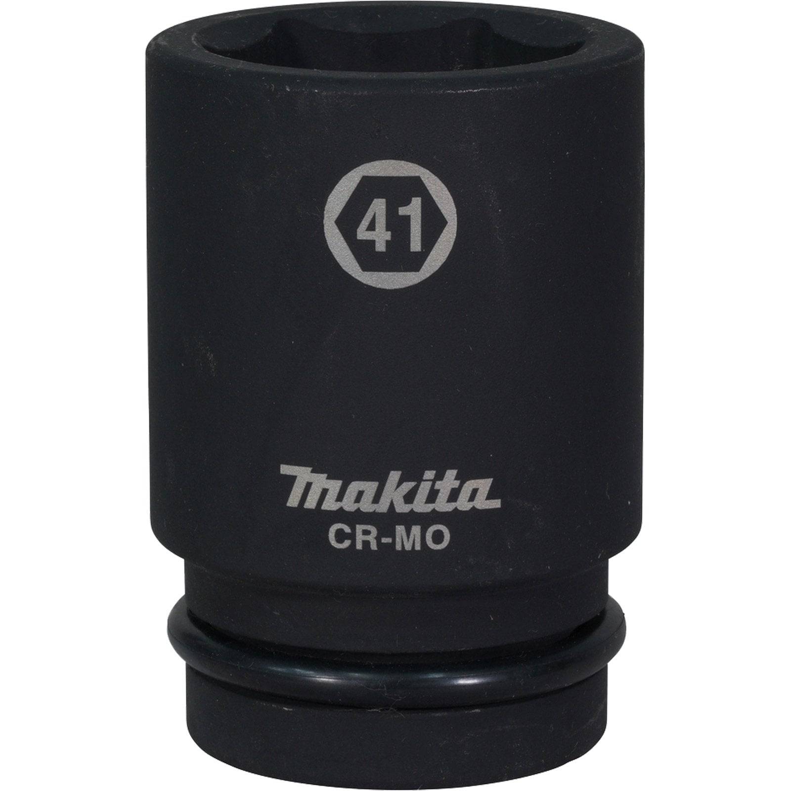 Eine schwarze Makita-Steckdose mit der Beschriftung ‚CR-MO' und ‚41' für den Einsatz mit Schlagschraubern, die eine sechseckige Form zum Befestigen von Schrauben aufweist.