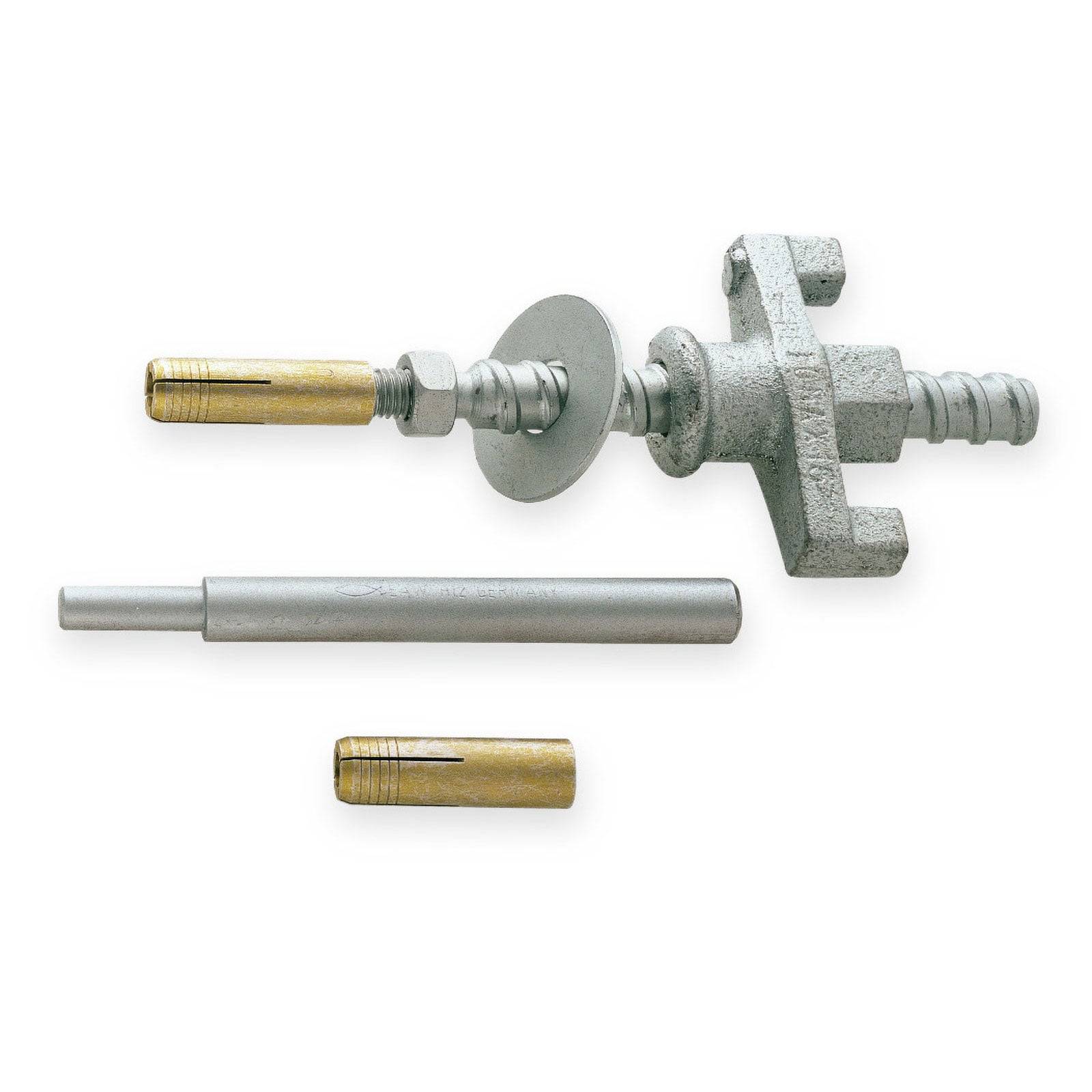 Eine Metallanker-Befestigungsvorrichtung mit Expansionshülsen und Grundplatte, verwendet zum Befestigen von Einrichtungen an Betonoberflächen.