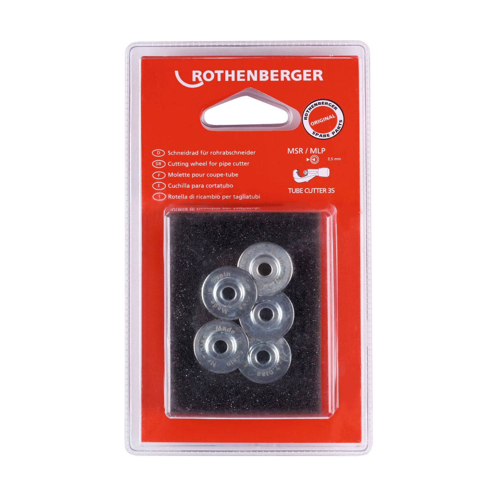 Packung mit Rothenberger Rohrschneider-Ersatzrädchen, fünf Stück, konzipiert zum Rohrabschneiden, in roter und schwarzer Verpackung.