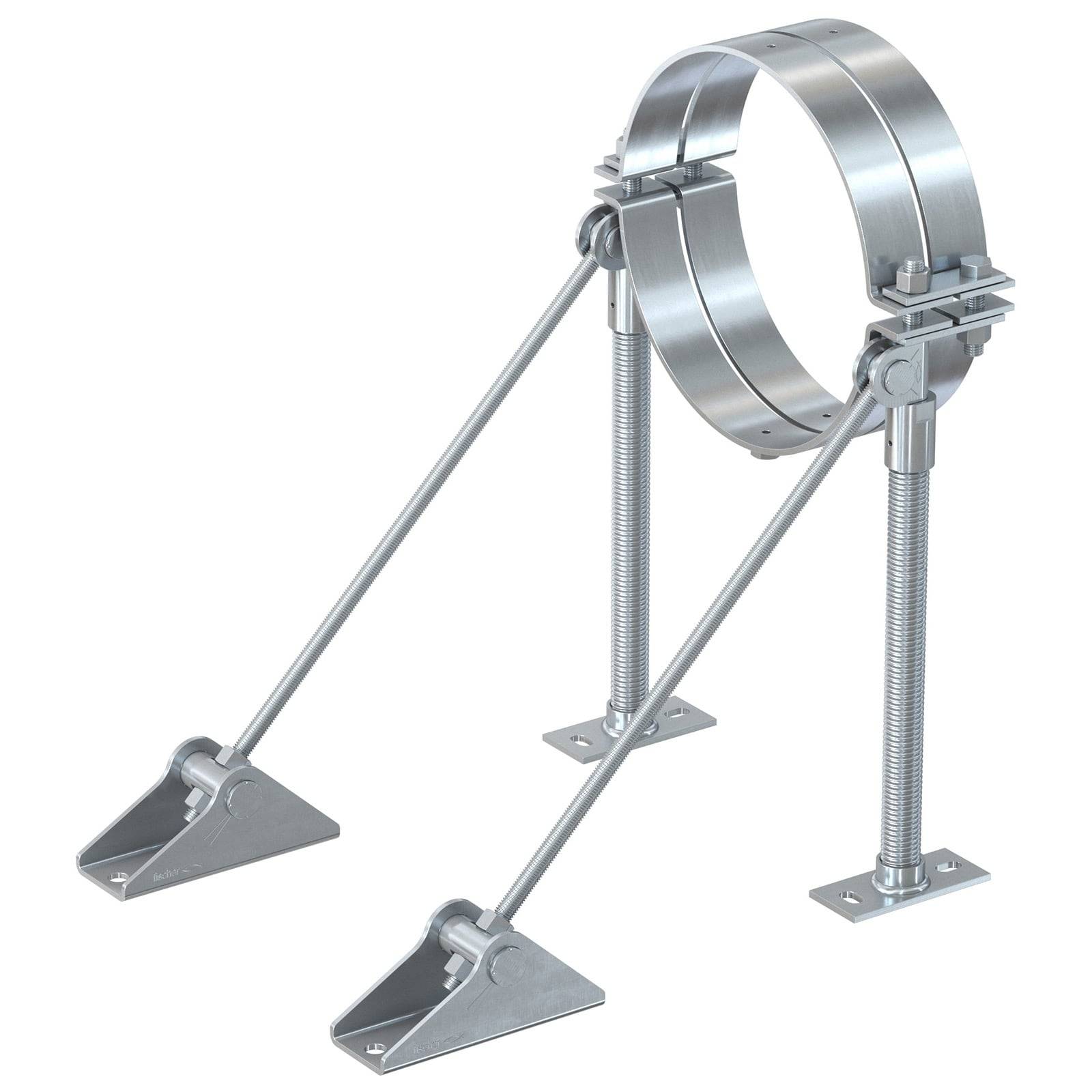 Eine Metallrohrhalterung mit Schellen und verstellbaren Beinen, entwickelt zur Stabilisierung und Sicherung eines zylindrischen Rohrs in industriellen Umgebungen.