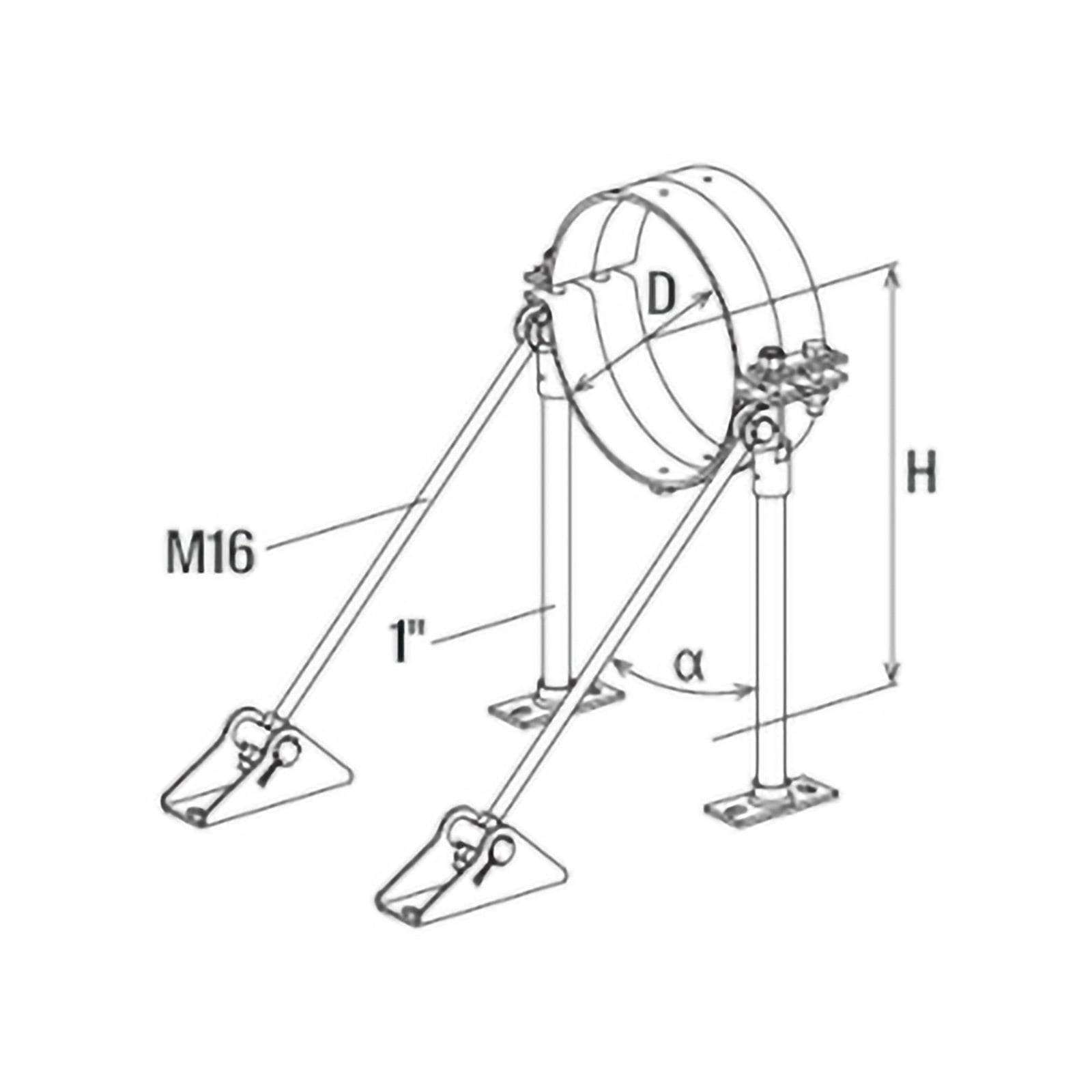 3D-mechanische Zeichnung eines Rohrsupportsystems, die einen Ring, zwei verstellbare Stützstangen mit der Bezeichnung M16, Winkel α, Durchmesser D und Höhe H zeigt.