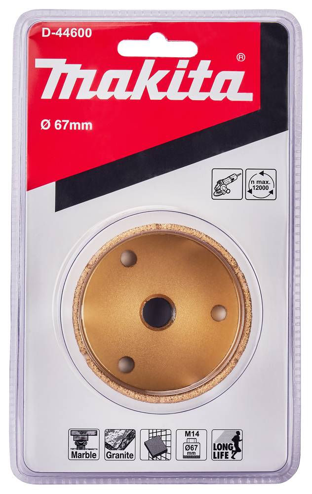 Makita D-44600 67mm Lochsäge-Paket, das einen goldenen kreisförmigen Bohrer für Marmor, Granit, Fliesen und Mauerwerk mit Langzeitnutzungs-Symbolen zeigt.