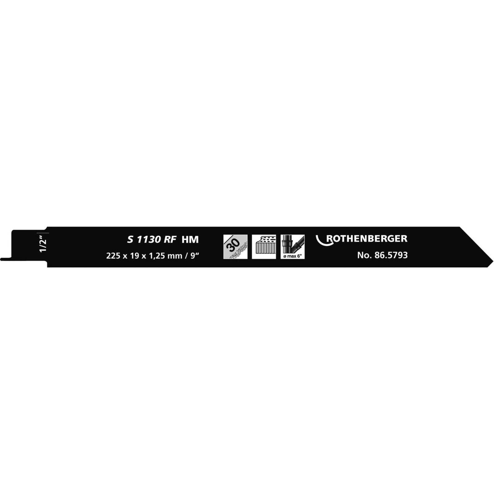 S 1130 RF' Sägeblatt, 225 x 1,25 mm, von Rothenberger, geeignet für Metall und Holz. Symbole: Metall-, Kunststoff- und Holzschnitt.