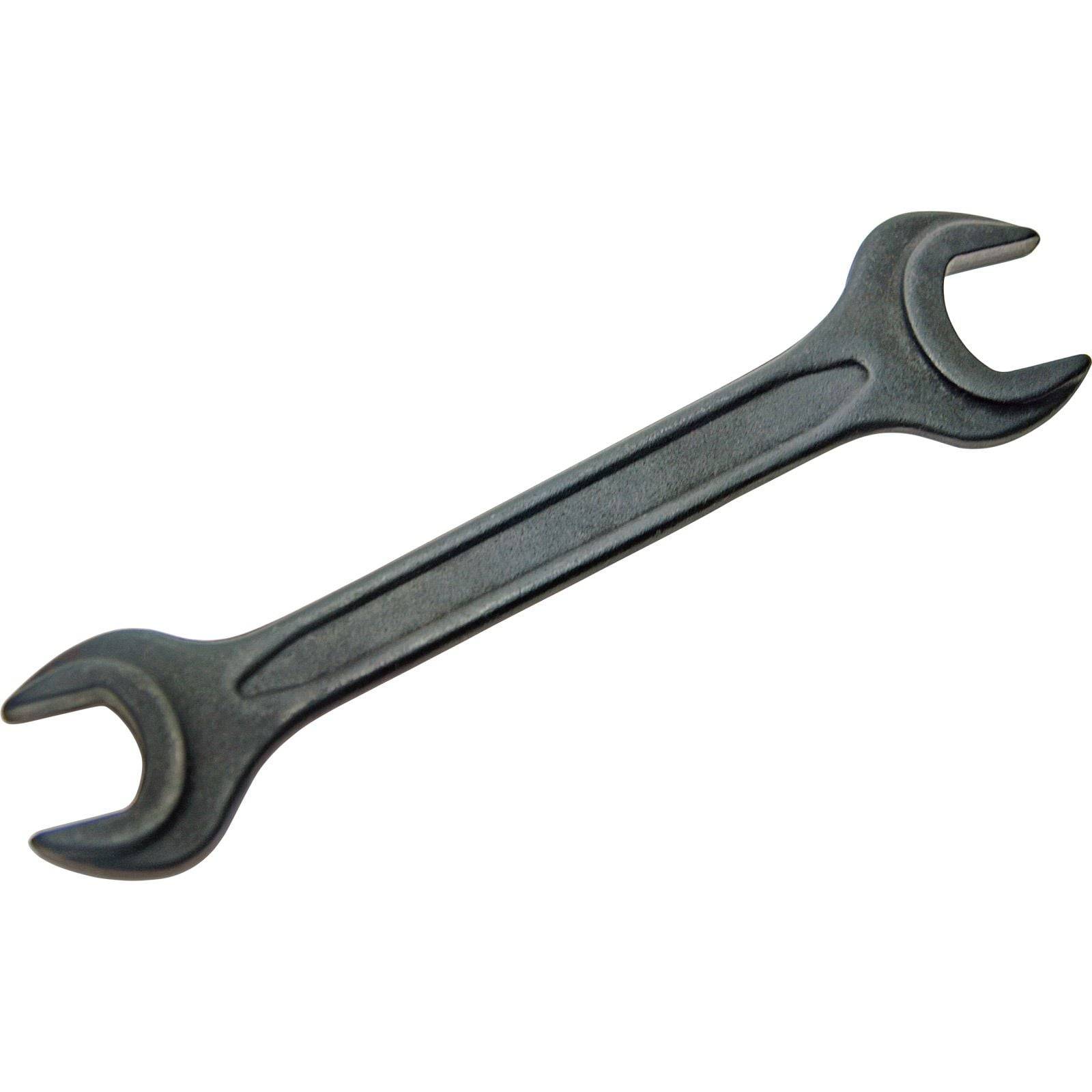 Ein Maulschlüssel aus Metall, der zum Anziehen oder Lösen von Muttern und Schrauben verwendet wird, wobei ein Ende etwas größer ist als das andere.