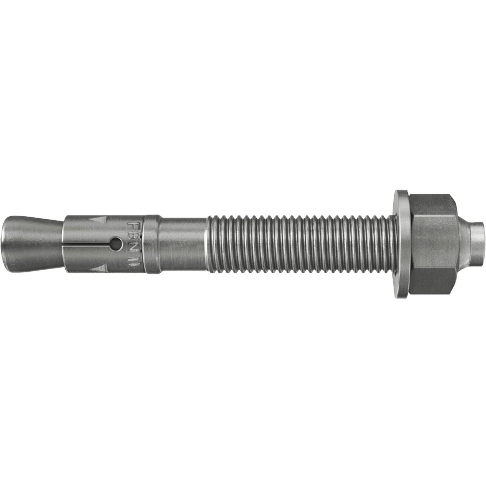 Eine industrielle Expansionsschraube mit einem Gewindestift, einer Mutter und einer zylindrischen Hülse mit konischer Spitze, die zum Befestigen von Objekten verwendet wird.