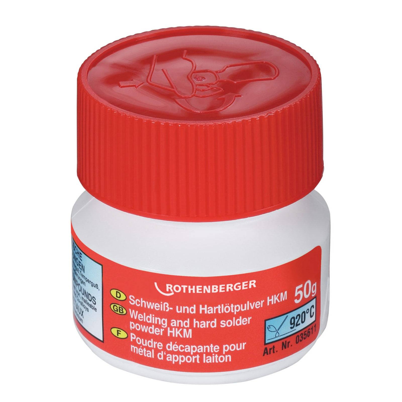 Ein kleiner Behälter mit einem roten Deckel, beschriftet mit ‚Rothenberger Weld and hard solder powder HKM 50g; 920°C'.