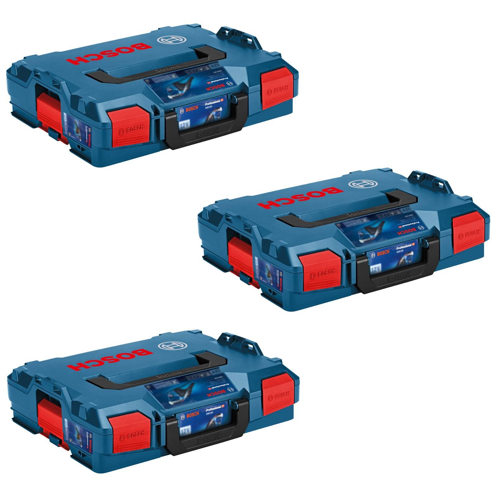 Drei gestapelte blaue und rote Werkzeugkoffer mit dem Bosch-Logo, die ihr tragbares, stapelbares Design für praktische Aufbewahrung demonstrieren.