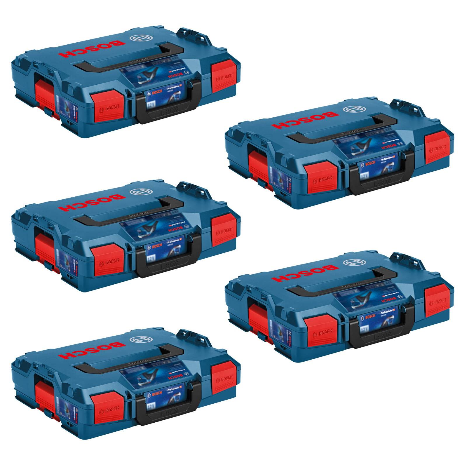 Fünf Bosch-Werkzeugkoffer sind nebeneinander angeordnet, jeder in Blau mit roten Akzenten, mit sicheren Verschlüssen und Tragegriffen.