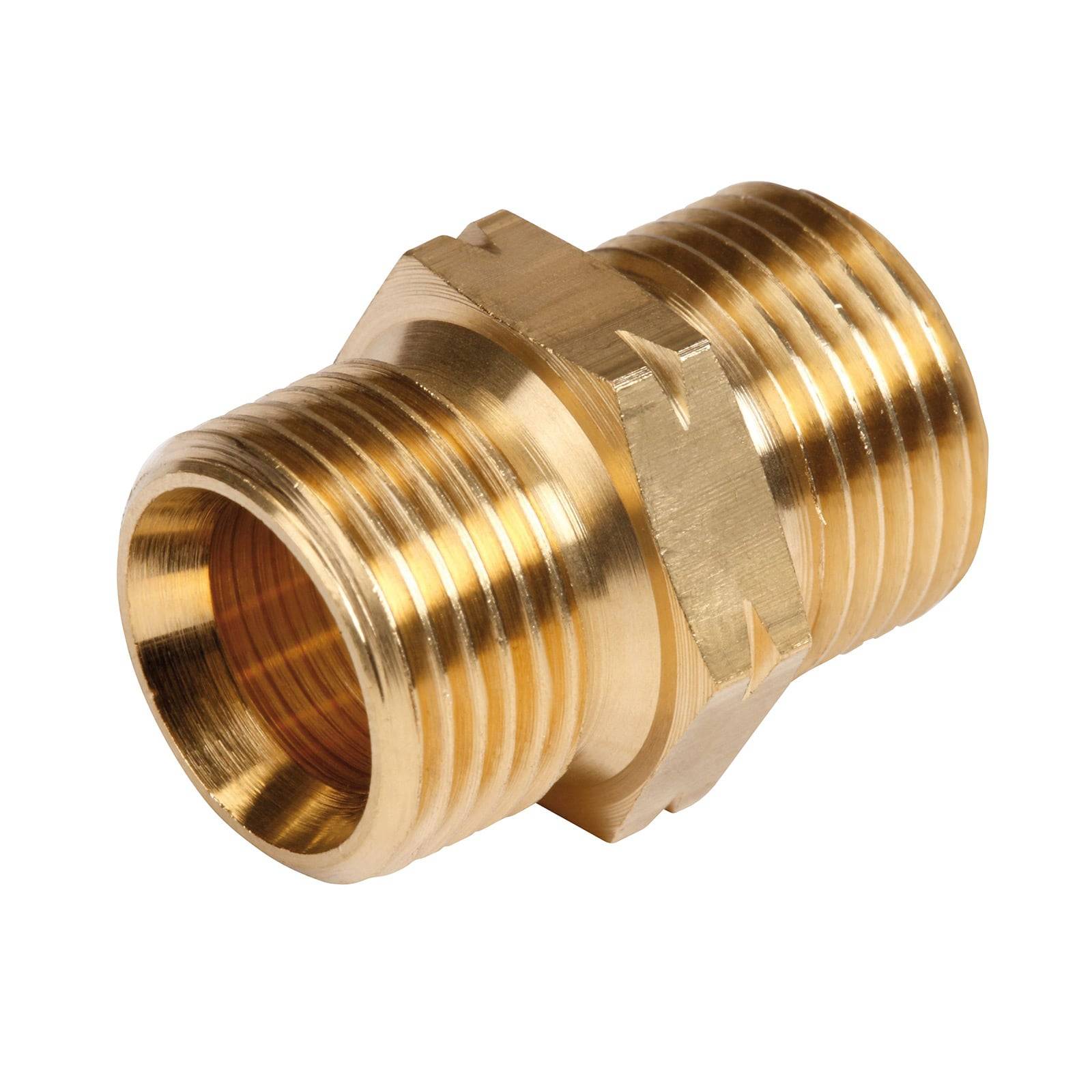 Ein Messing-Rohrverschraubungsadapter mit männlichen Gewindeenden, der typischerweise zum Verbinden zweier Rohre in sanitären Installationen verwendet wird.