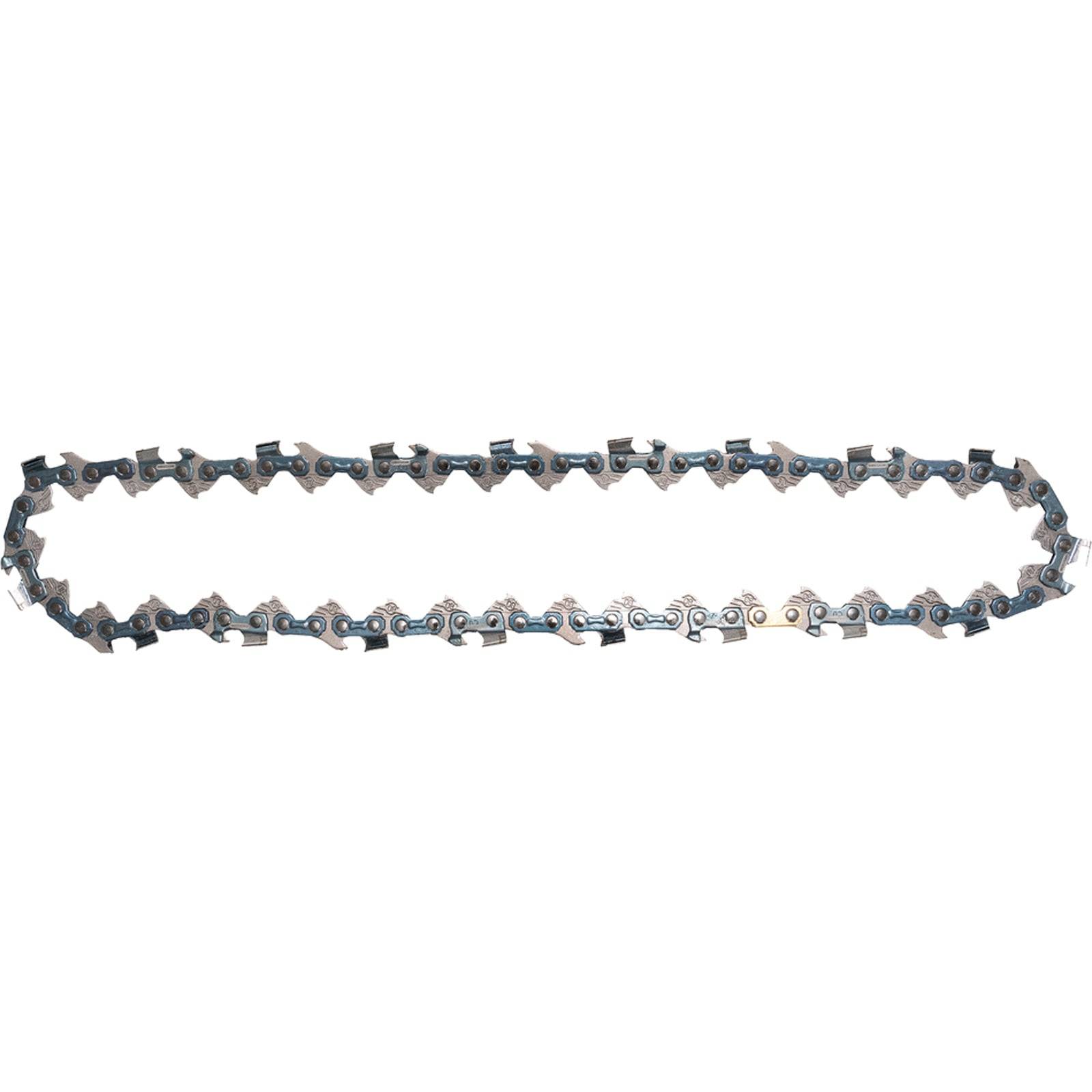 Eine Kettensäge-Kette flach ausgelegt, die Metallglieder mit Schneidezähnen und Treibgliedern zeigt, die zum Holzschneiden in Kettensägen verwendet wird.