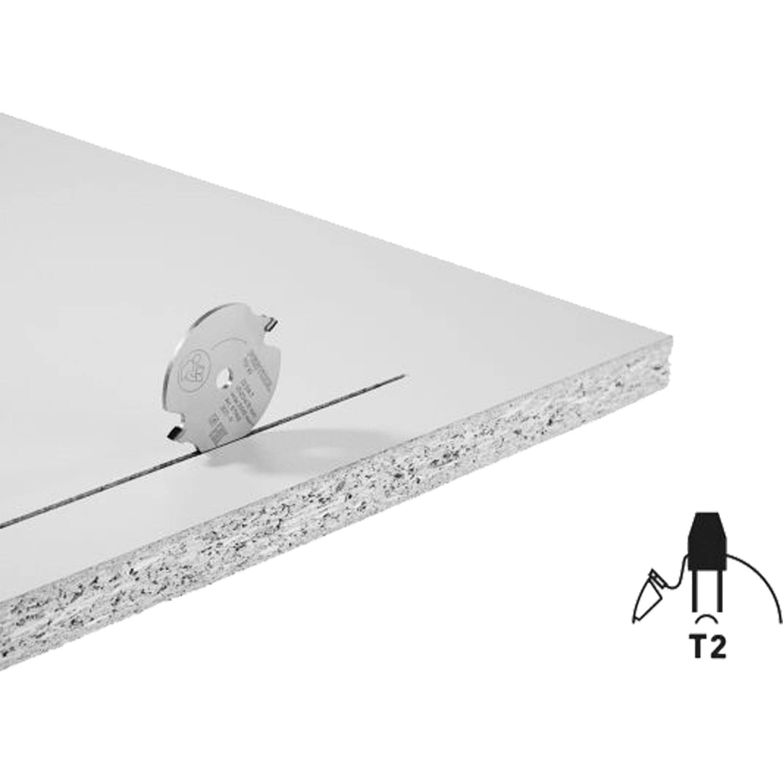 Kreissägeblatt, das in ein weißes Panel mit strukturierter Kante schneidet, begleitet von einem T2-Bohrbiticon, das Werkzeuge und Materialien veranschaulicht.