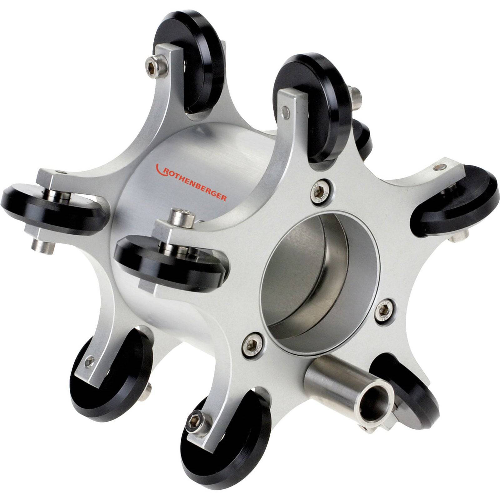 Ein Metallrohrzuschneidewerkzeug mit mehreren Rädern und verstellbaren Komponenten, das für industrielle Anwendungen verwendet wird.