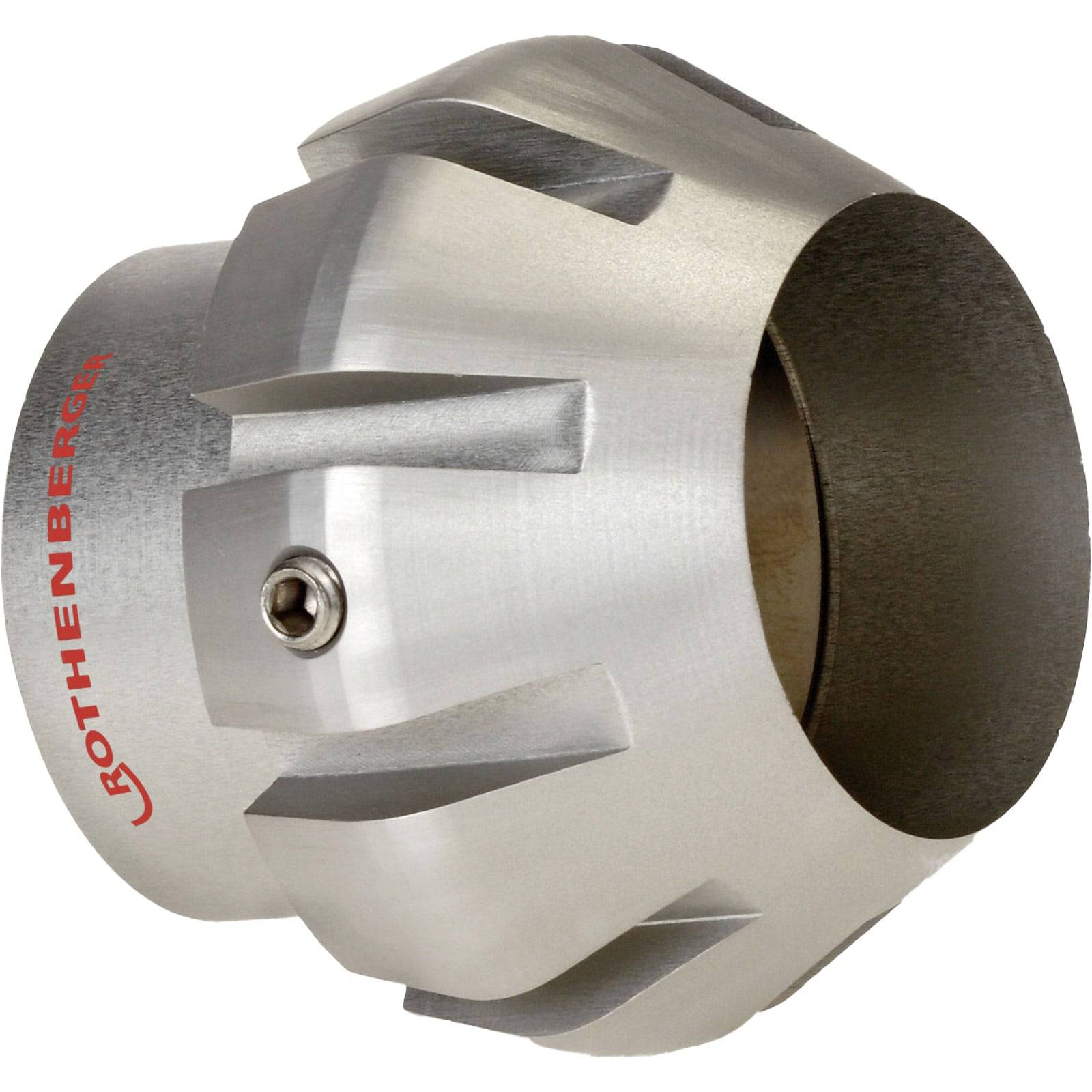 Ein zylindrisches Metallrohrentsorgungswerkzeug mit einer geriffelte Außenseite und einem Firmenlogo an der Seite. Entwickelt zum Glätten von Rohrkanten.