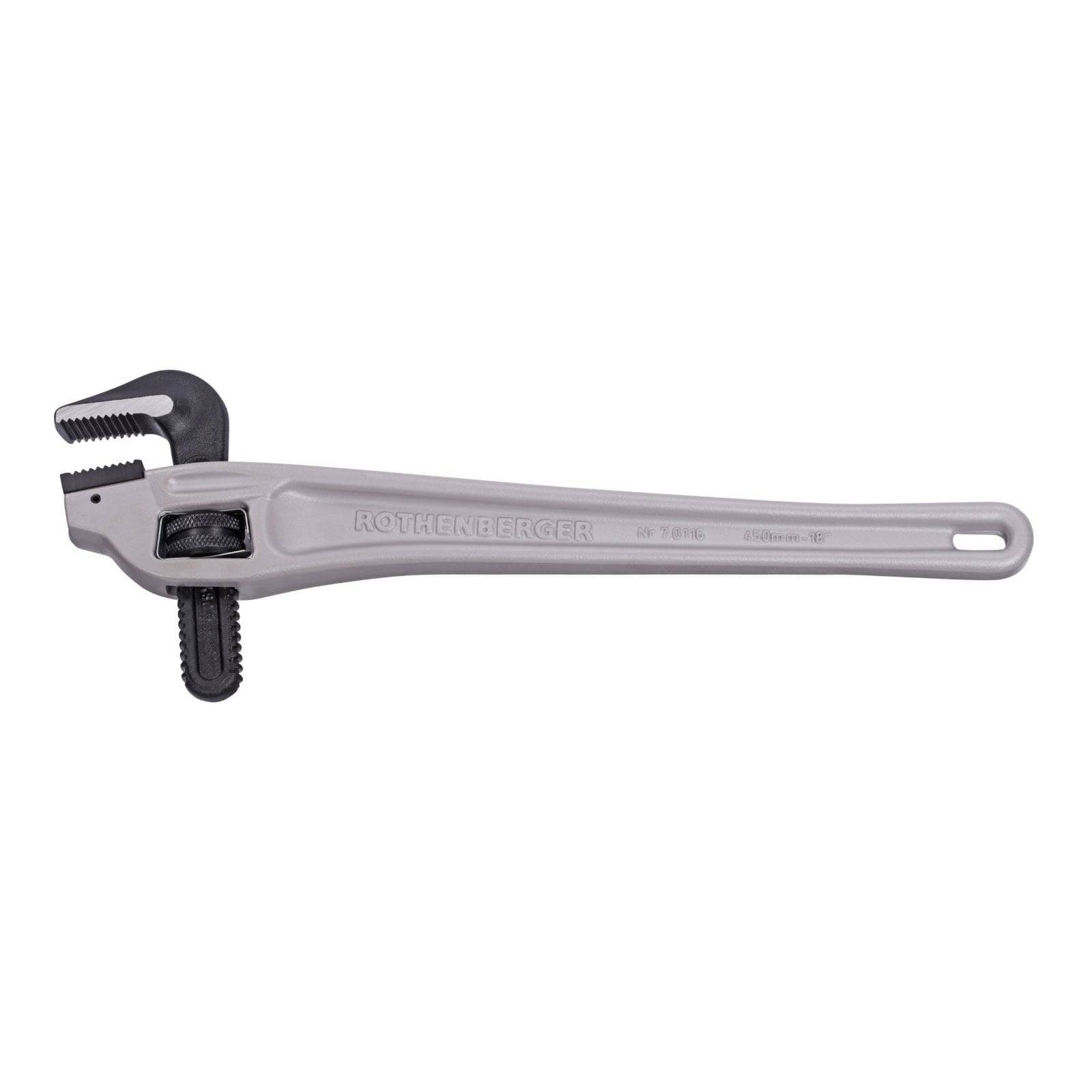 Ein Metallrohrzange mit langem Griff und verstellbarem Maul, die zum Greifen und Drehen von Rohren oder zylindrischen Gegenständen entwickelt wurde.