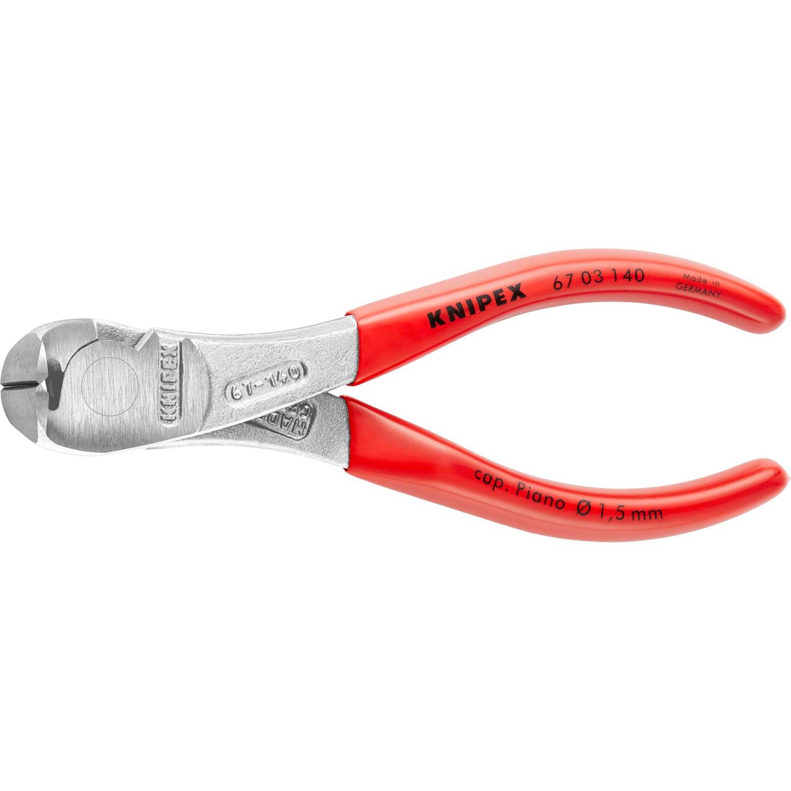 Drahtschneider mit rotem Griff der Marke 'KNIPEX' und eingravierter Spezifikation. Entwickelt zum Schneiden von Pianodraht bis zu 1,5 mm.