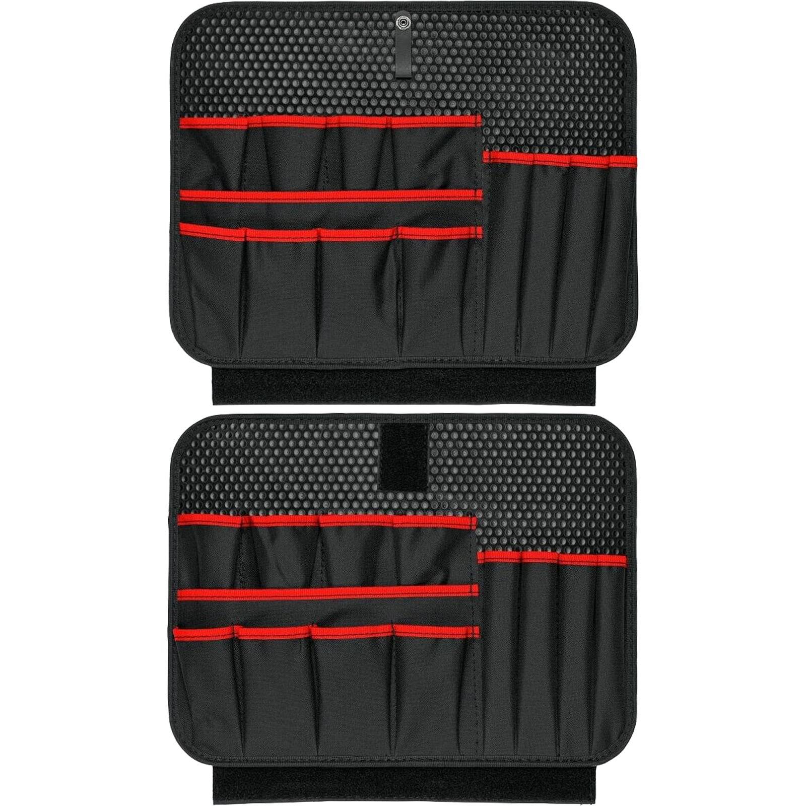 Doppelte Organisationspaneele mit mehreren rot-umrandeten Taschen für Werkzeuge; oberes Panel verfügt über kleinere Taschen, unteres Panel bietet größere Taschen.