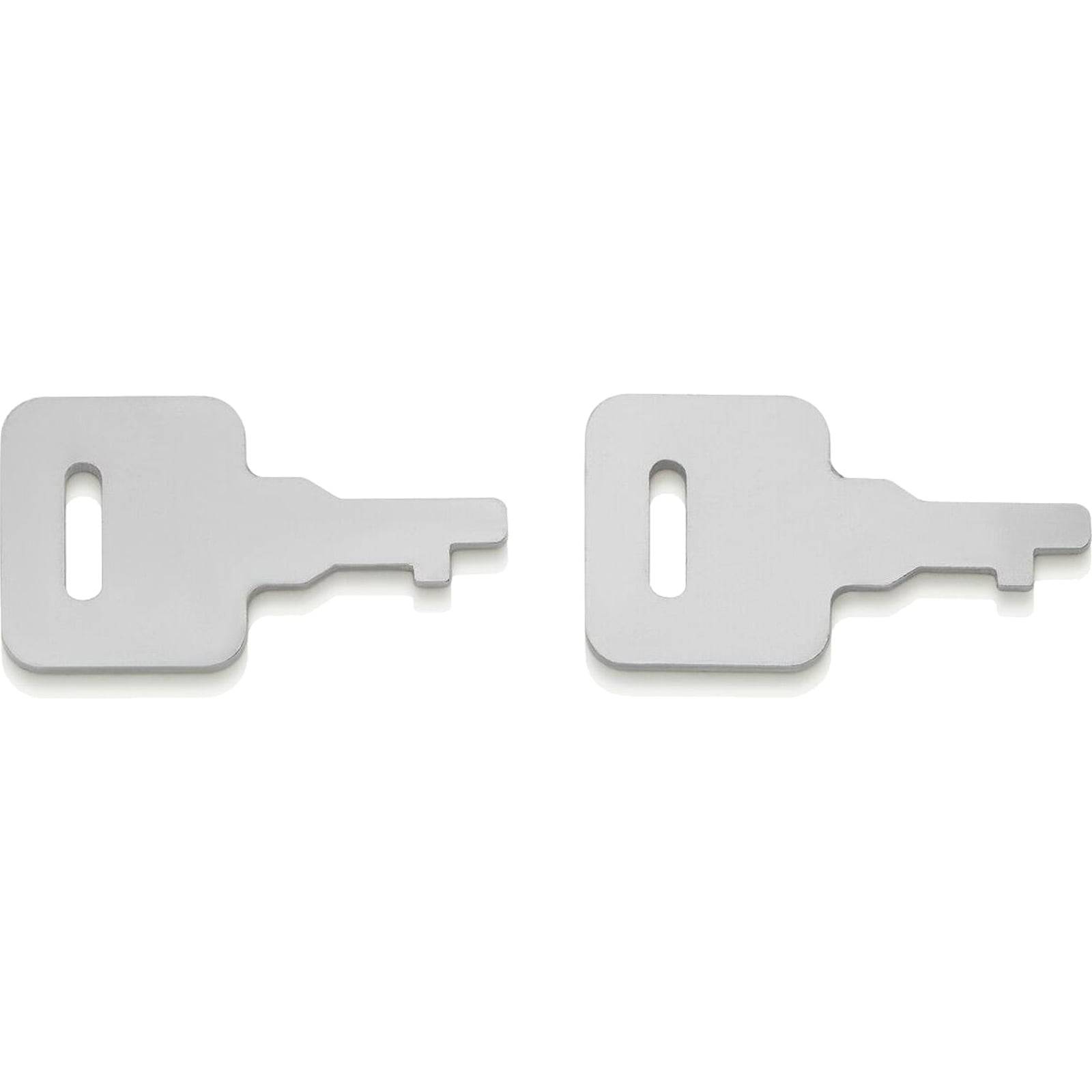 Zwei graue flache Schlüssel, in Form identisch, mit rechteckigen Köpfen und ovalen Aussparungen in der Mitte, nebeneinander auf einem weißen Hintergrund ausgerichtet.