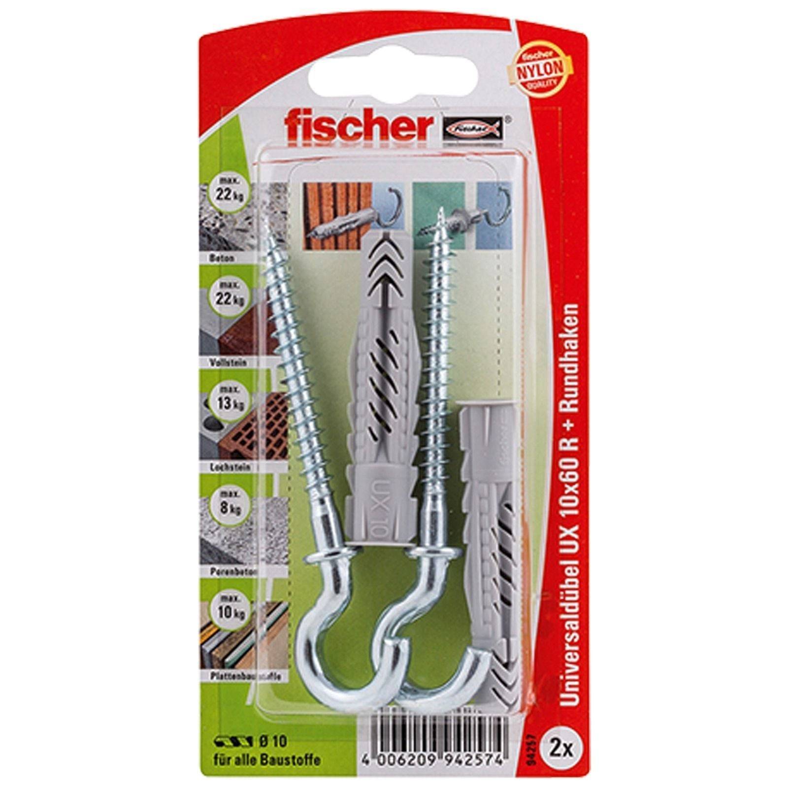 Paket mit zwei Fischer Universal-Wanddübeln und Haken mit Nylonbeschichtung, geeignet für verschiedene Wandmaterialien, Tragfähigkeitsdetails inklusive.