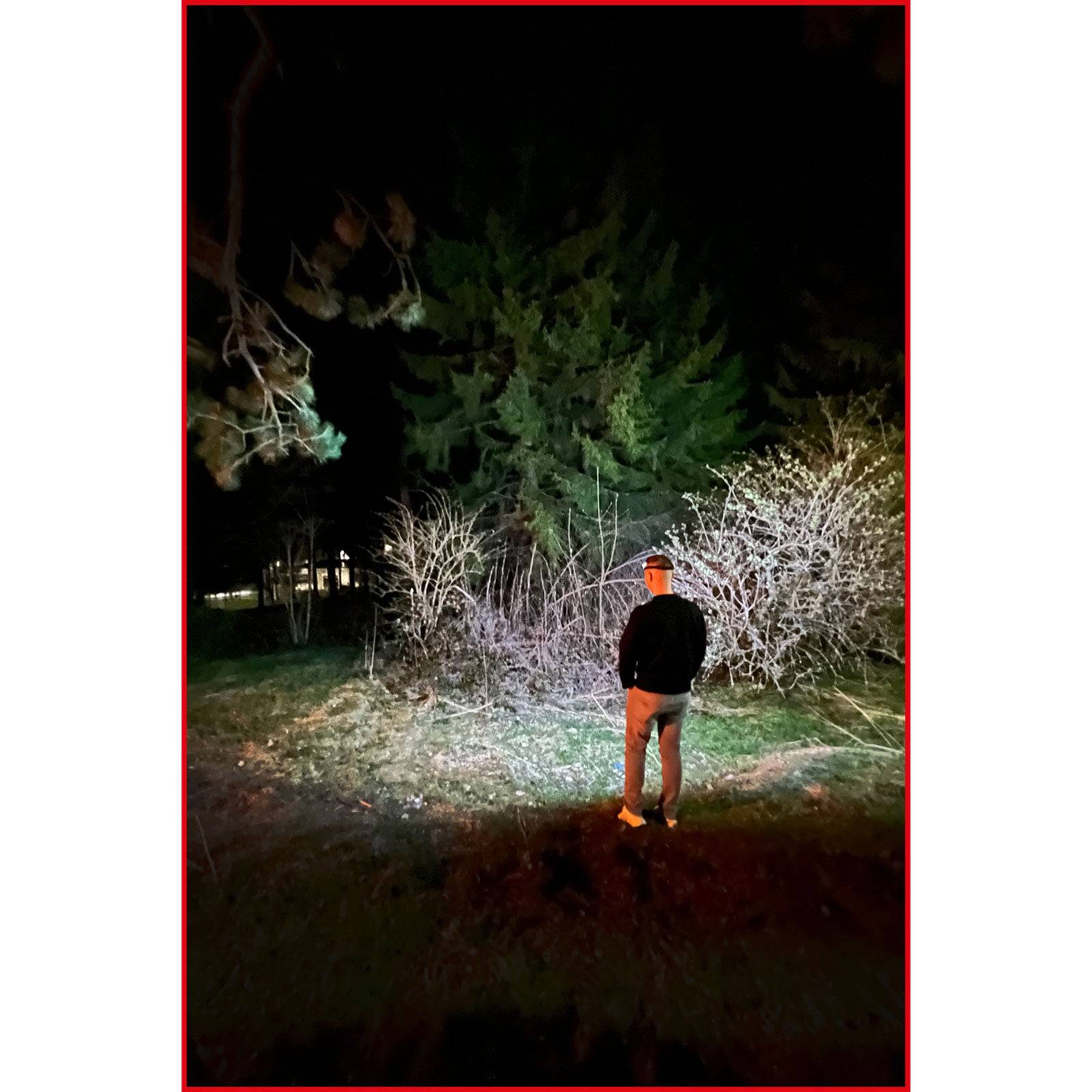 Eine Person steht nachts im Freien und wendet sich ab, von einem Licht beleuchtet. Im Hintergrund sind Bäume und Büsche nur schemenhaft zu erkennen.