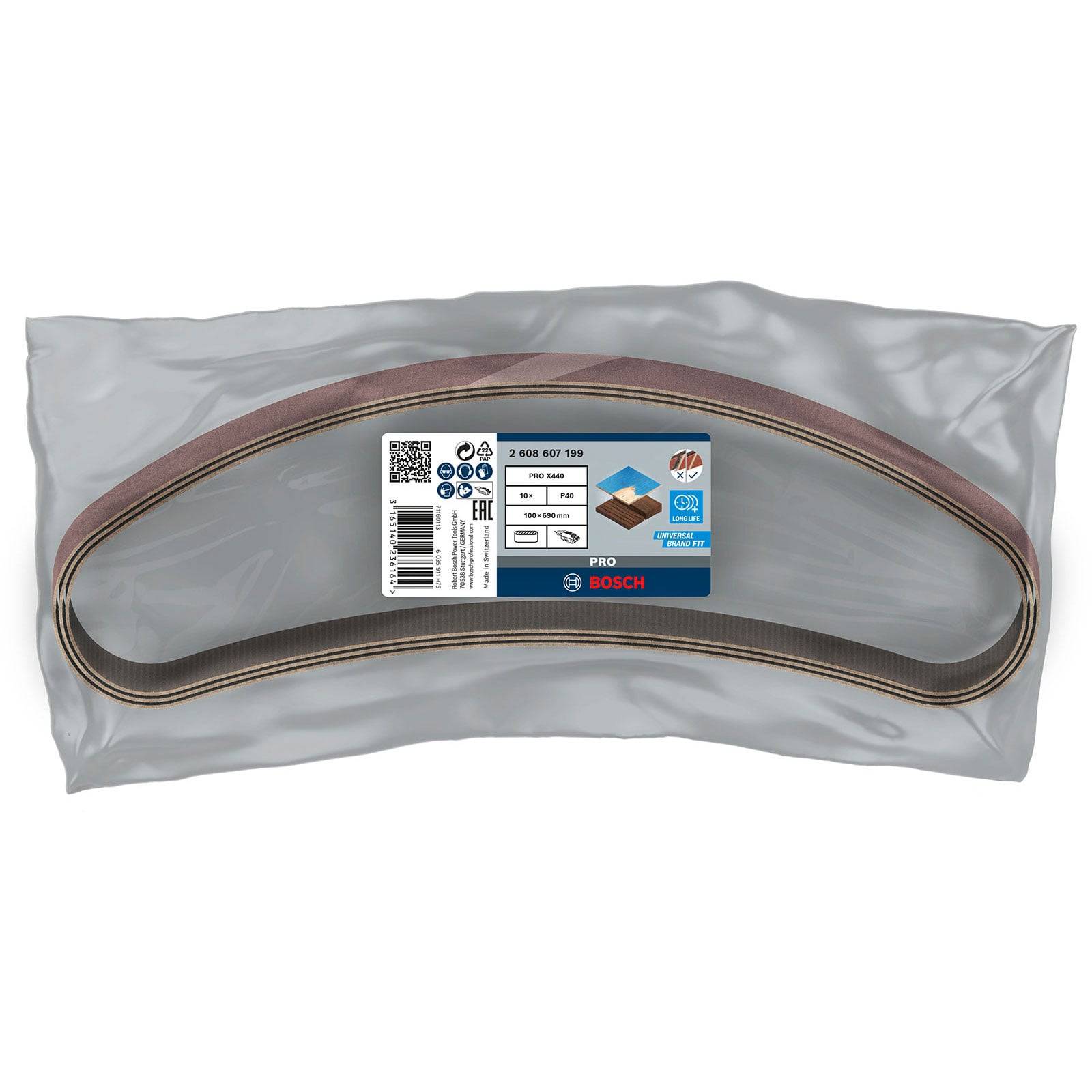 Eine Packung Bosch-Schleifbänder, versiegelt in transparenter Plastikverpackung, die verschiedene Körnungen zeigt und für die Holzbearbeitung gekennzeichnet ist.