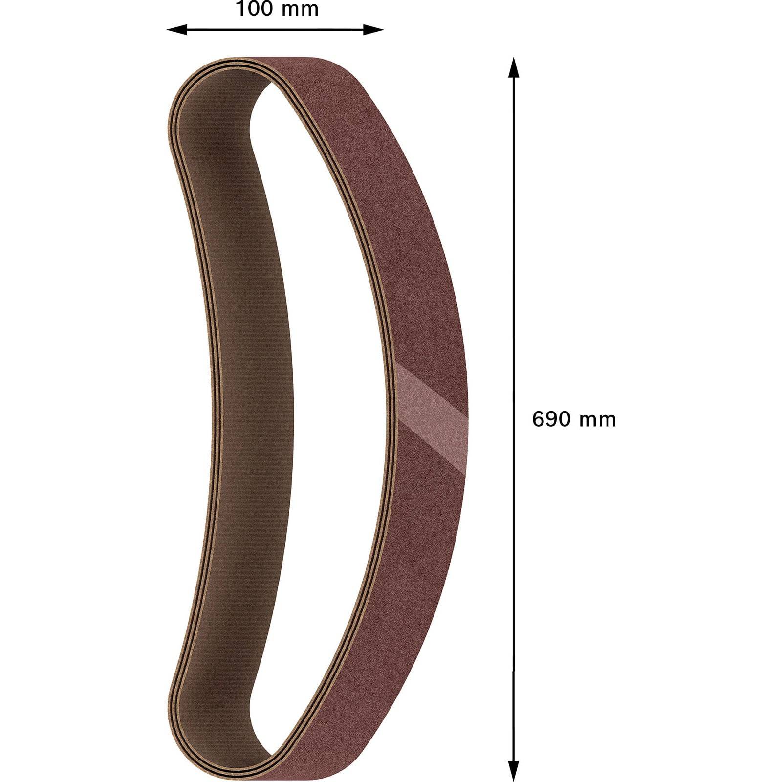 Ein braunes Schleifband wird gezeigt mit beschrifteten Abmessungen: 100 mm in der Breite und 690 mm in der Länge.