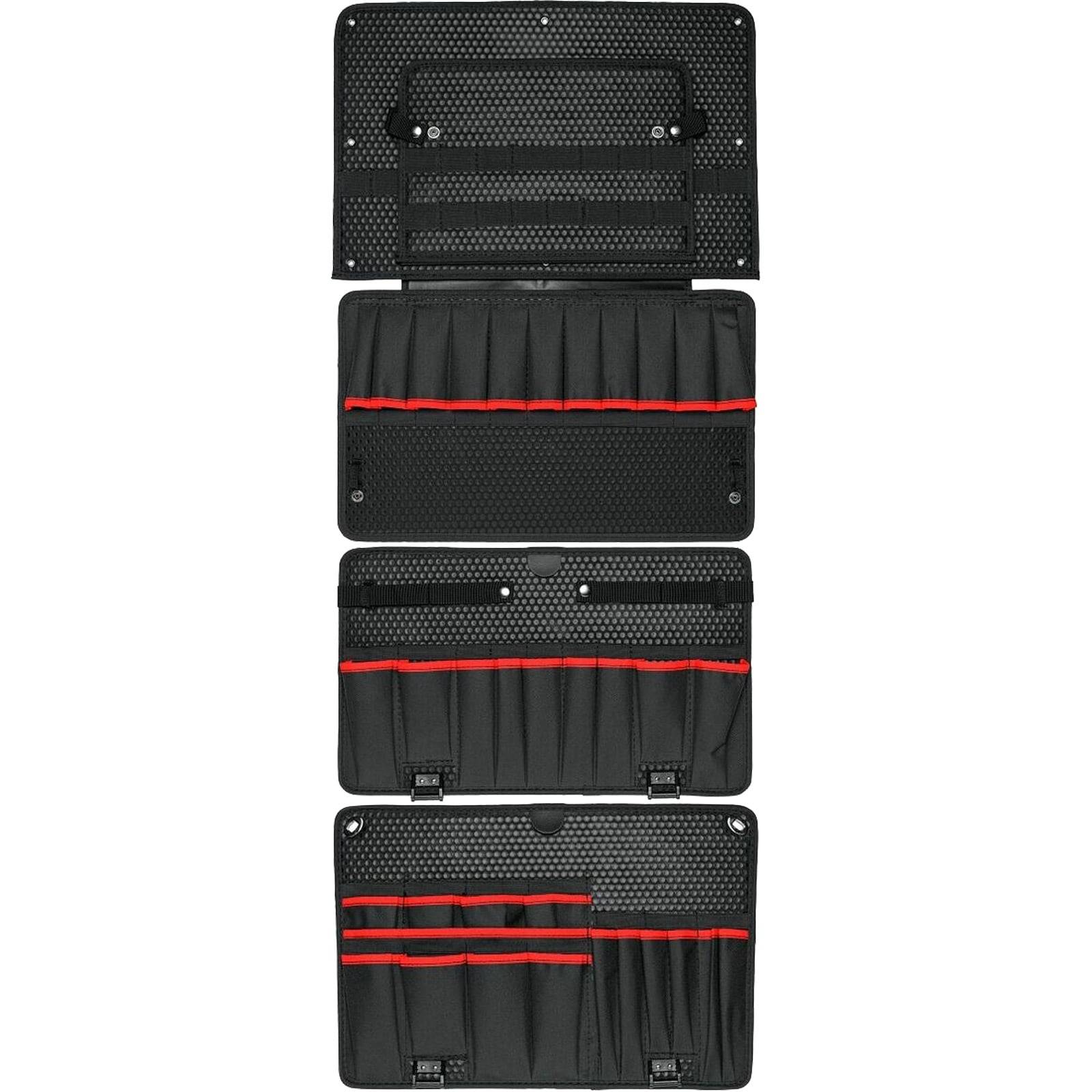 Schwarze Werkzeugtasche aus gerolltem Stoff mit mehreren Taschen, roter Einfassung und Druckknopfverschluss, verwendet zum Aufbewahren und Organisieren von Werkzeugen.