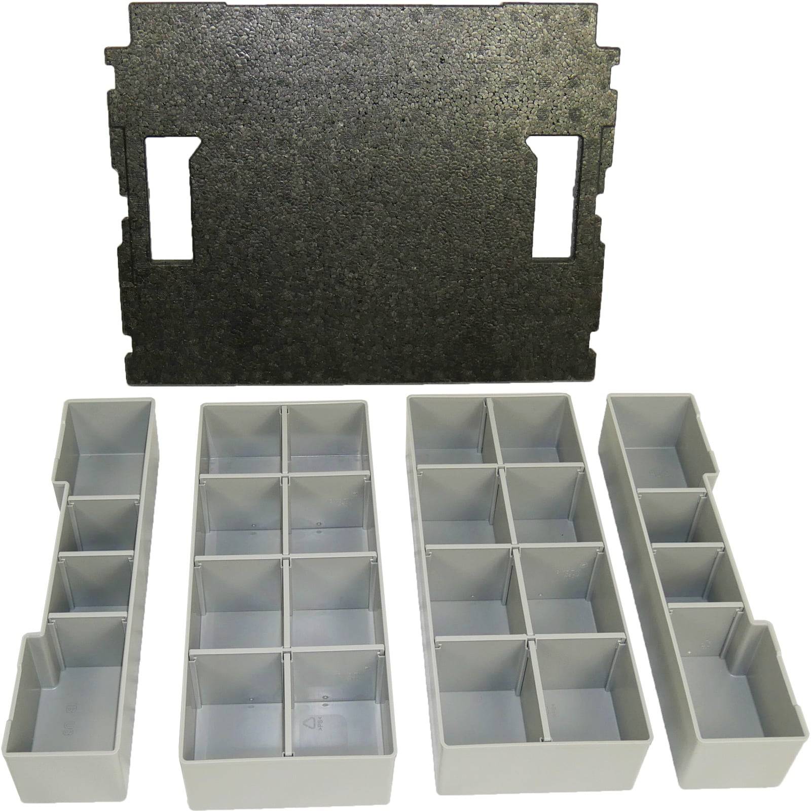 Aufbewahrungsbox mit 4 grauen Einsatzschalen, die verschiedene Fächer aufweisen, dargestellt mit einem schwarzen Schaumstoffdeckel im Hintergrund.