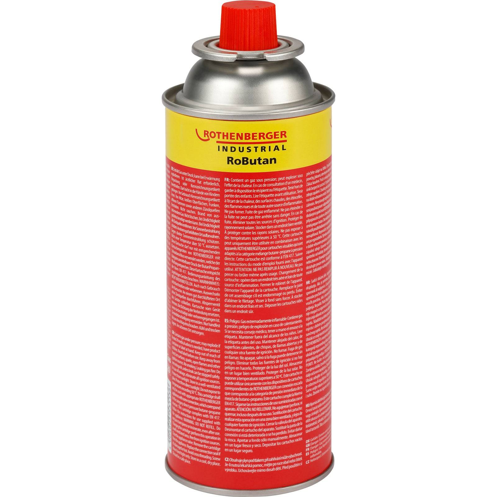 Eine rote Gasflasche von Rothenberger Industrial RoButan mit rotem Deckel, verwendet für hochleistungsfähige Löt- und Heizanwendungen.