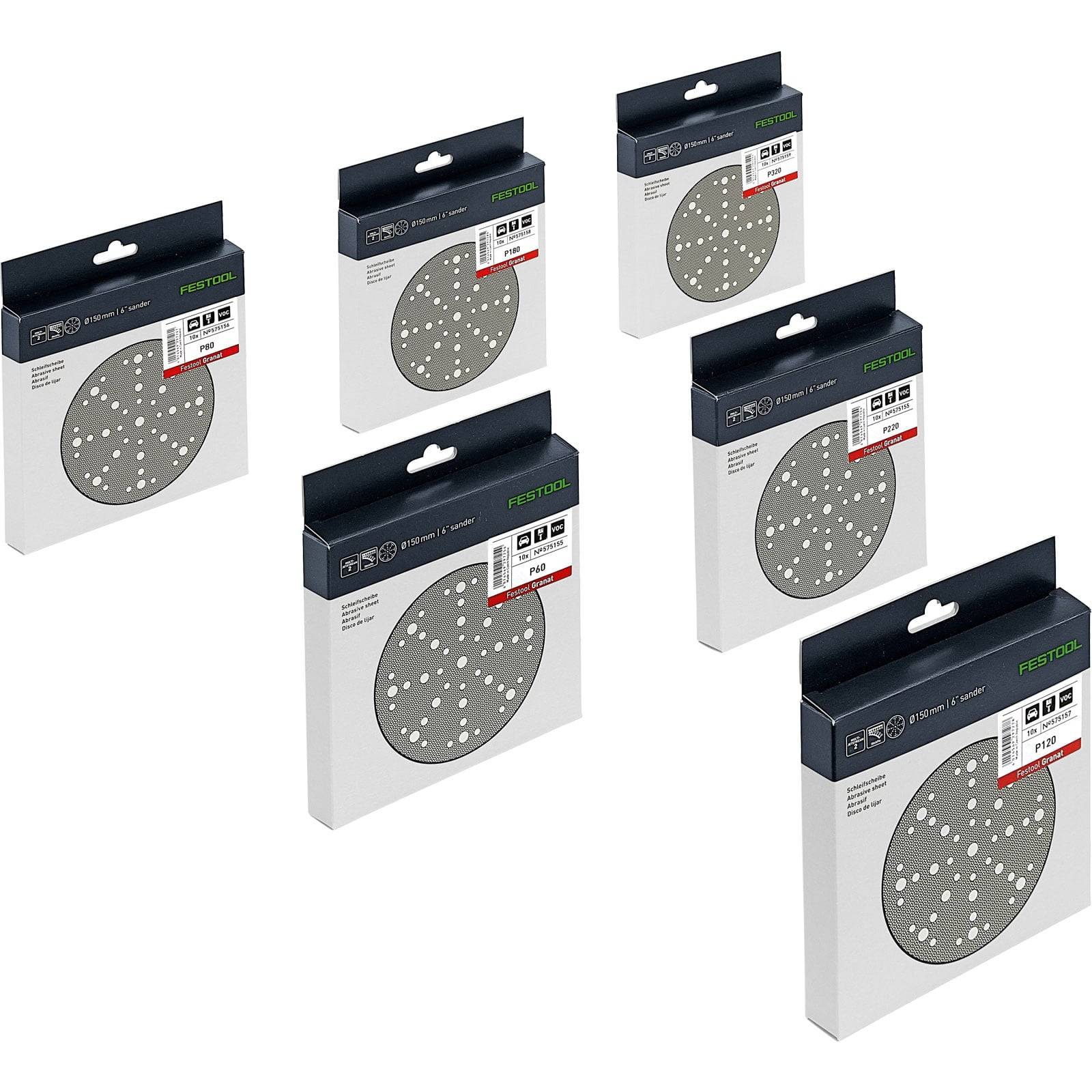 Sechs rechteckige Pakete mit Schleifscheiben, in zwei Reihen angeordnet, zeigen verschiedene Körnungsoptionen einer Marke vor einem weißen Hintergrund.