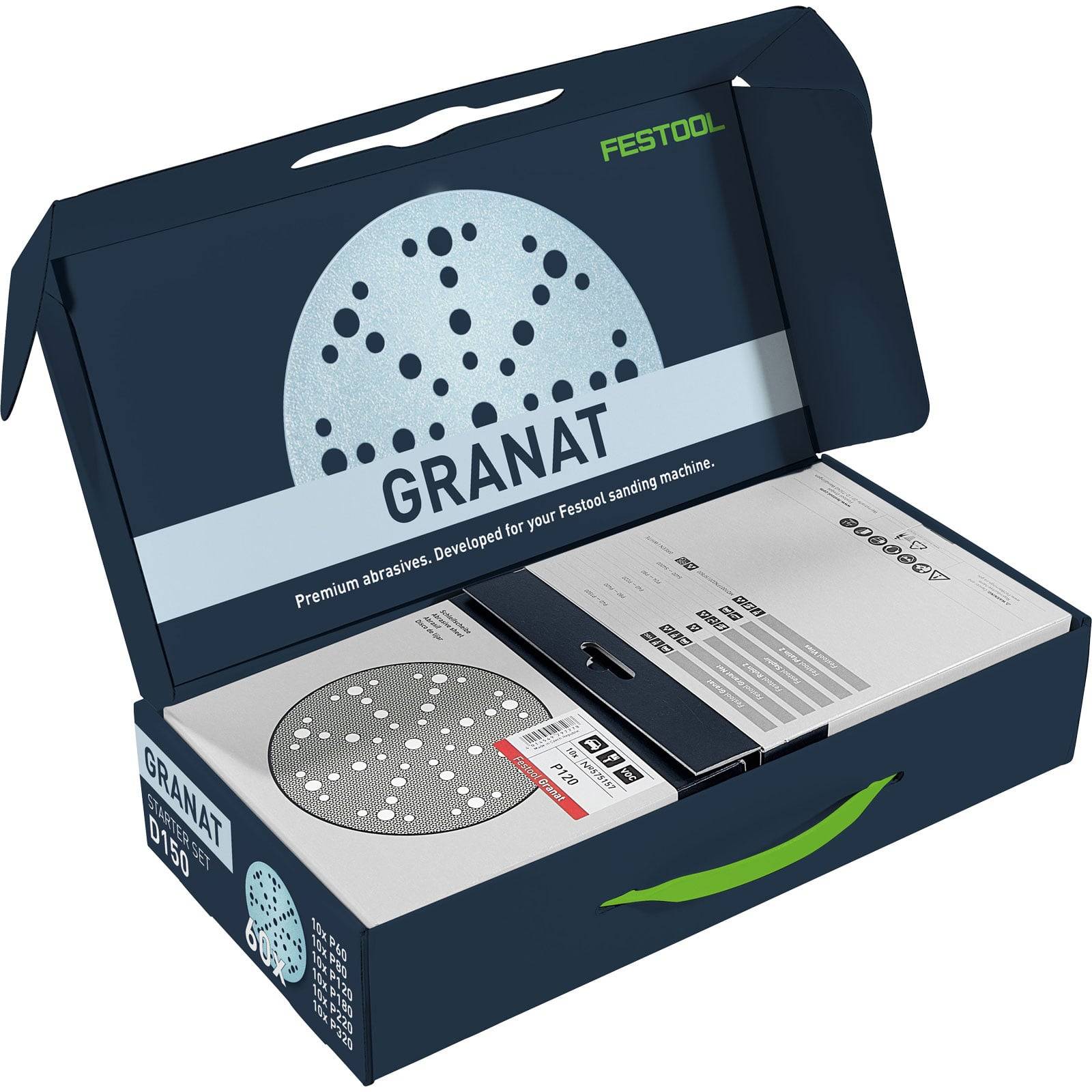 Festool-Box mit der Aufschrift 'GRANAT', in dem Schleifscheiben für ein Schleifgerät zu sehen sind. Die Box ist geöffnet und zeigt das Produkt sowie Informationsetiketten.