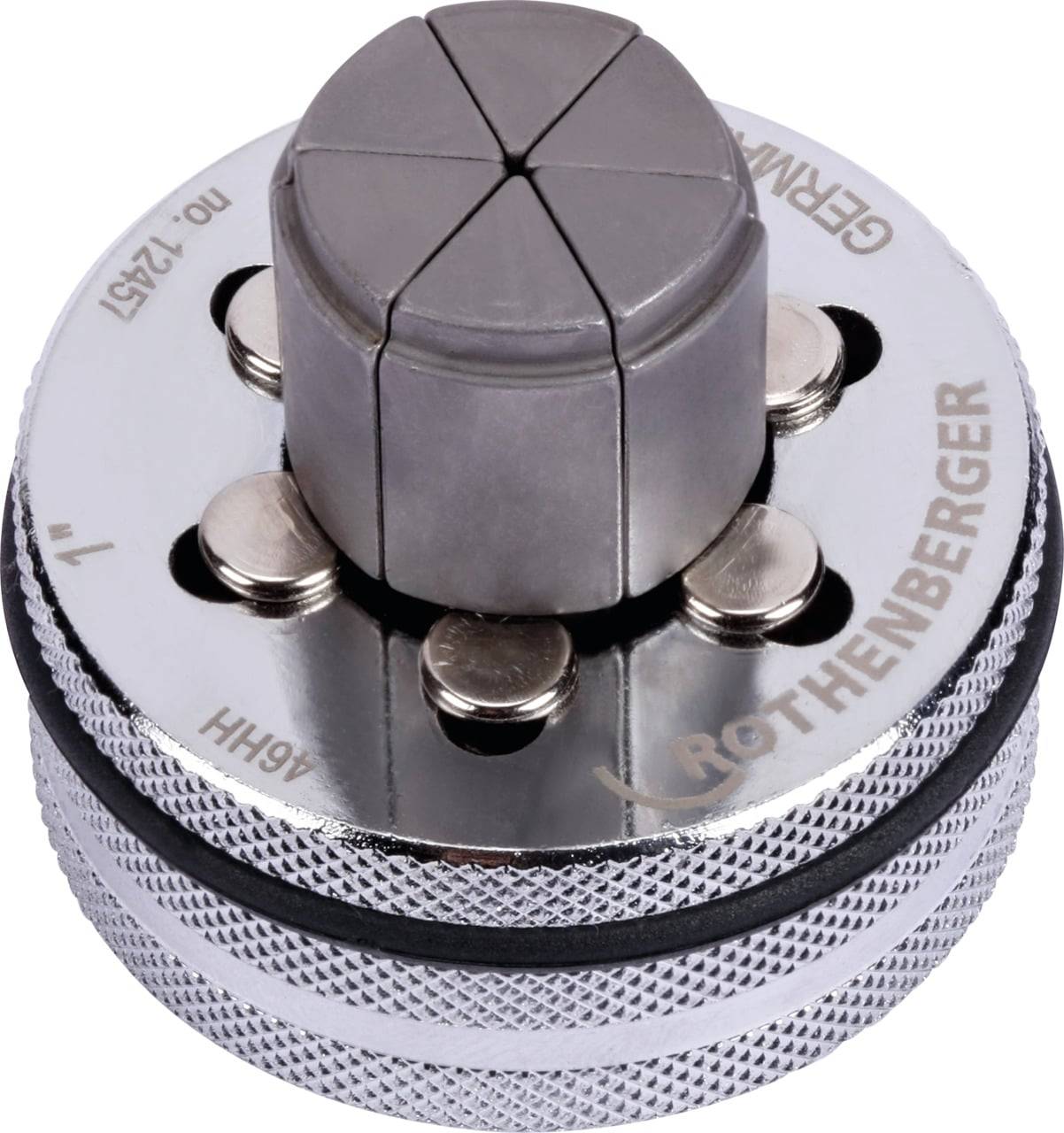 Ein metallisches Rothenberger-Werkzeug mit einem kreisförmigen, verstellbaren Kopf und einem griffigen Griff, der zum Anziehen oder Lösen von Rohren konzipiert ist.