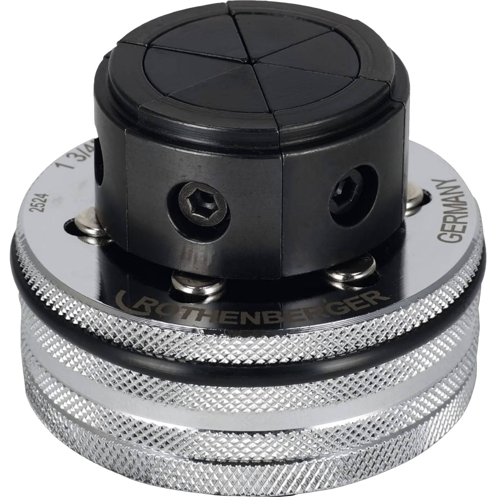 Ein Rohrabschneider mit einem rotierenden Rädchenmechanismus, ausgestattet mit einem metallfarbenen und schwarzen Design, gekennzeichnet mit der Marke 'Rothenberger'.