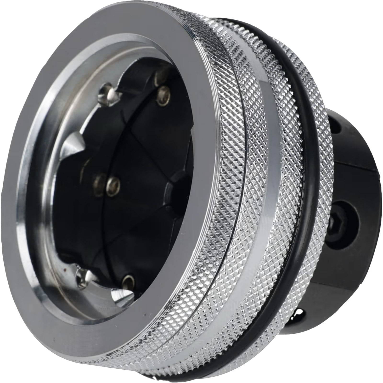 Eine Nahaufnahme eines metallischen mechanischen Bauteils mit glänzender Oberfläche, das ein strukturiertes Griffmuster und sichtbare Schrauben aufweist, höchstwahrscheinlich Teil einer Maschine.