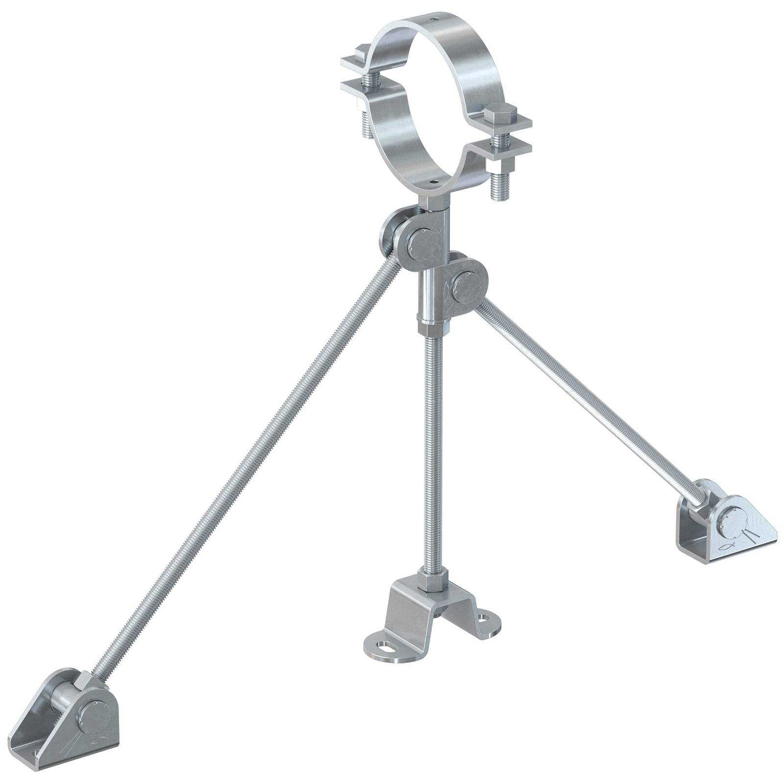 Ein silberner Metallrohrstativ mit drei verstellbaren Beinen und einer Klemme zum Festhalten eines Rohres, vor einem einfarbigen Hintergrund.