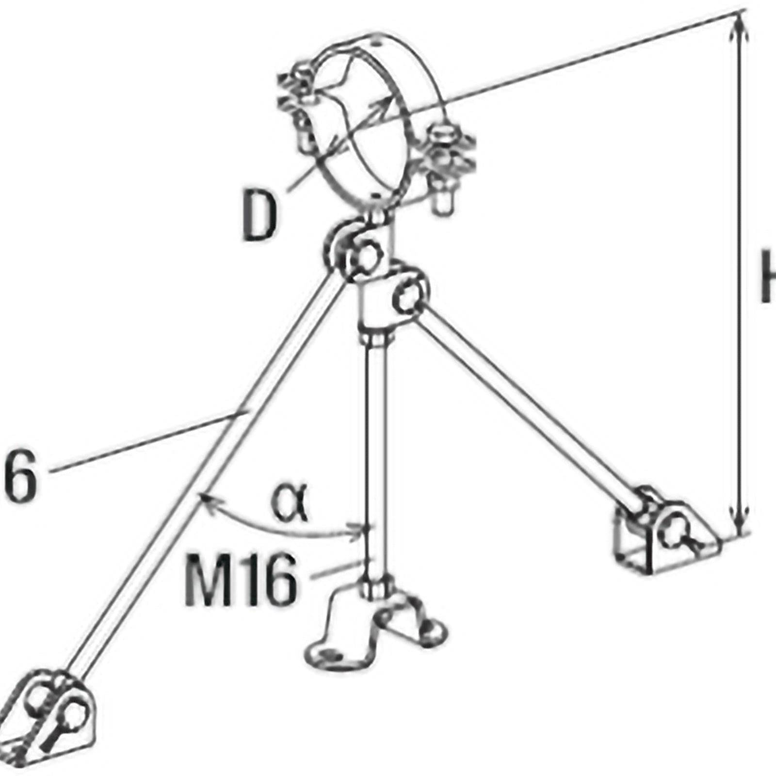 Diagramm eines Rohrstützsystems mit beschrifteten Teilen: M16-Schraube, Winkel α, Durchmesser D, Höhe H. Zeigt Stützstrebe und Befestigungspunkte.
