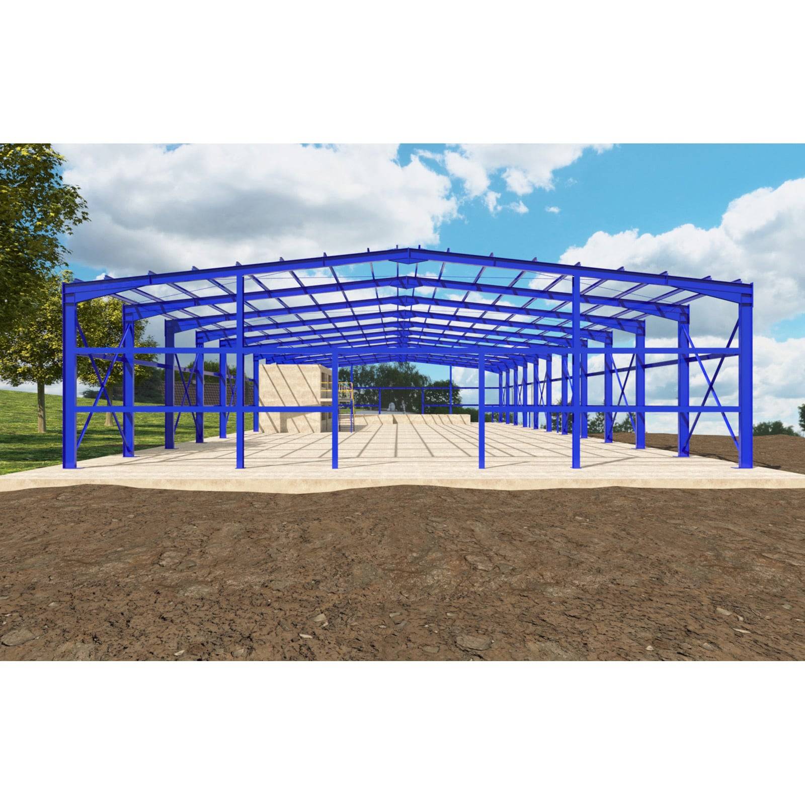 Blaue Stahlrahmenstruktur im Bau auf einem mit Erde bedeckten Gelände, mit klarem Himmel und Bäumen im Hintergrund.